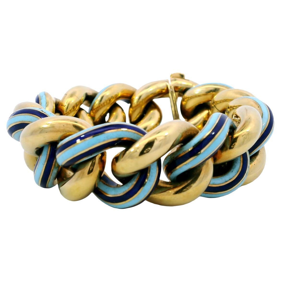 Bracciale d'epoca a maglie pesanti con smalto blu oceano chiaro e scuro, lunghezza 7,5 in vendita 1