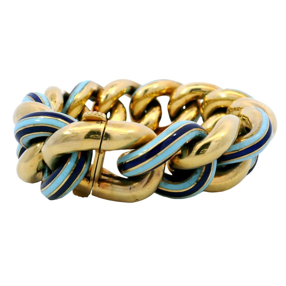 Bracciale d'epoca a maglie pesanti con smalto blu oceano chiaro e scuro, lunghezza 7,5 in vendita 2