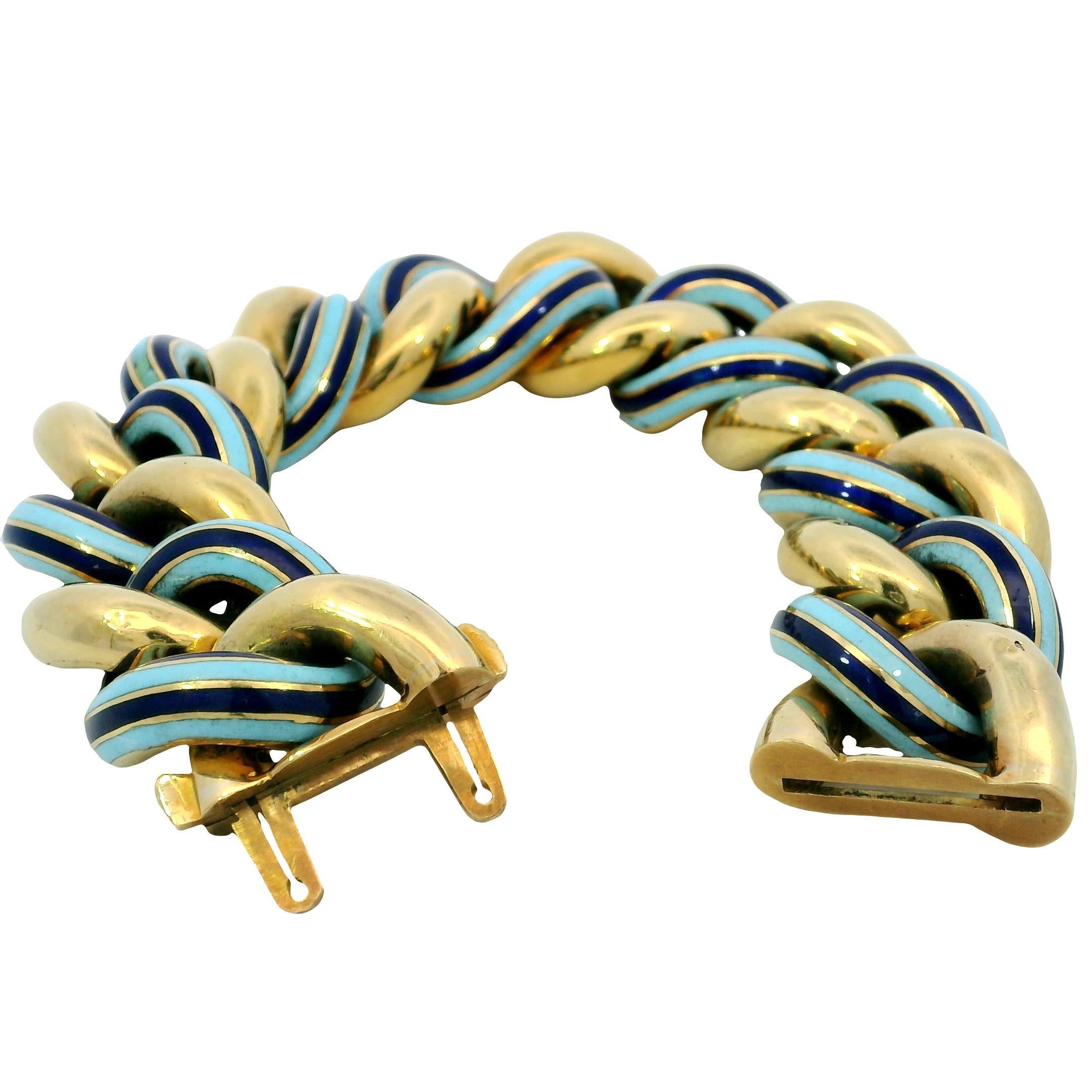 Bracciale d'epoca a maglie pesanti con smalto blu oceano chiaro e scuro, lunghezza 7,5 in vendita 3