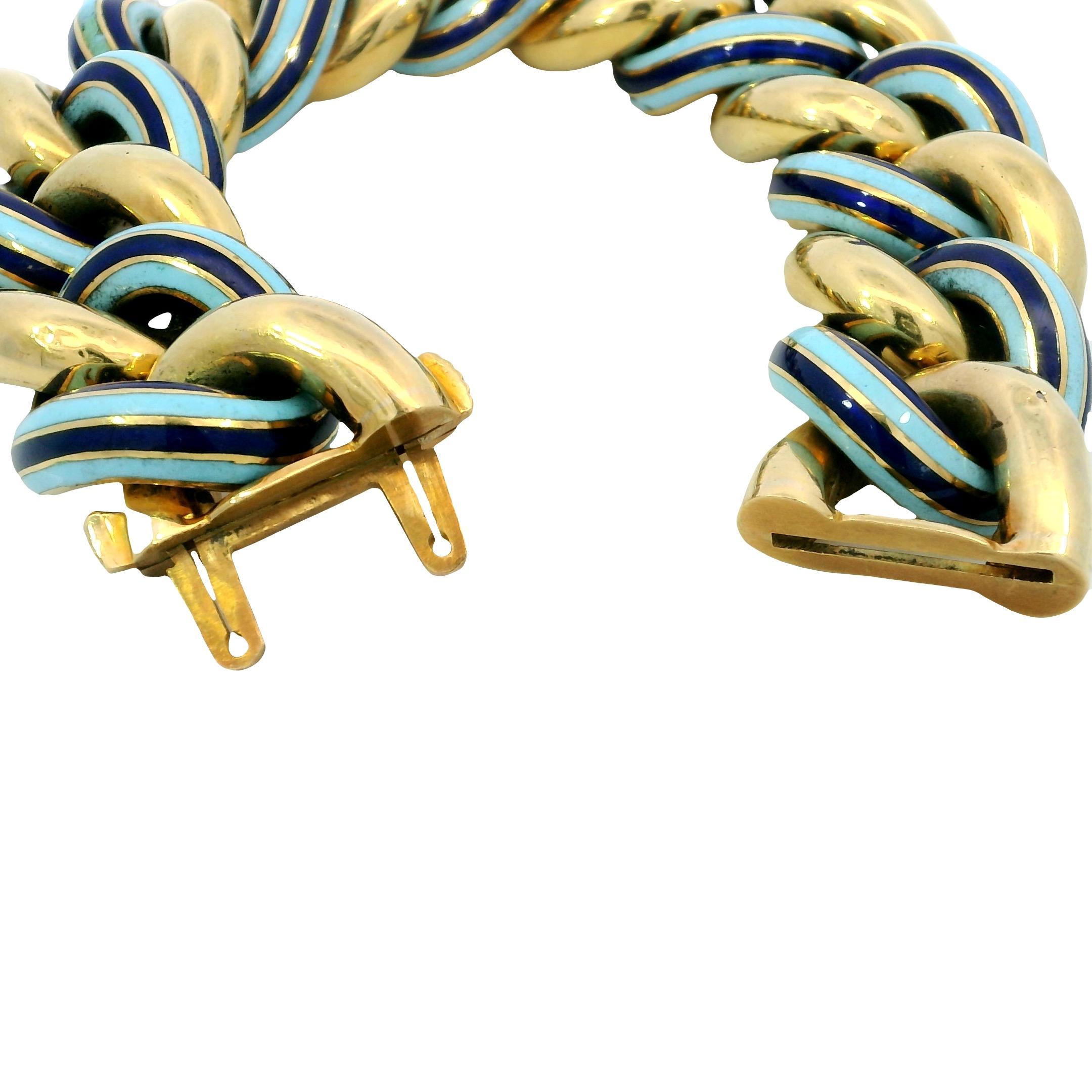 Bracciale d'epoca a maglie pesanti con smalto blu oceano chiaro e scuro, lunghezza 7,5 in vendita 4