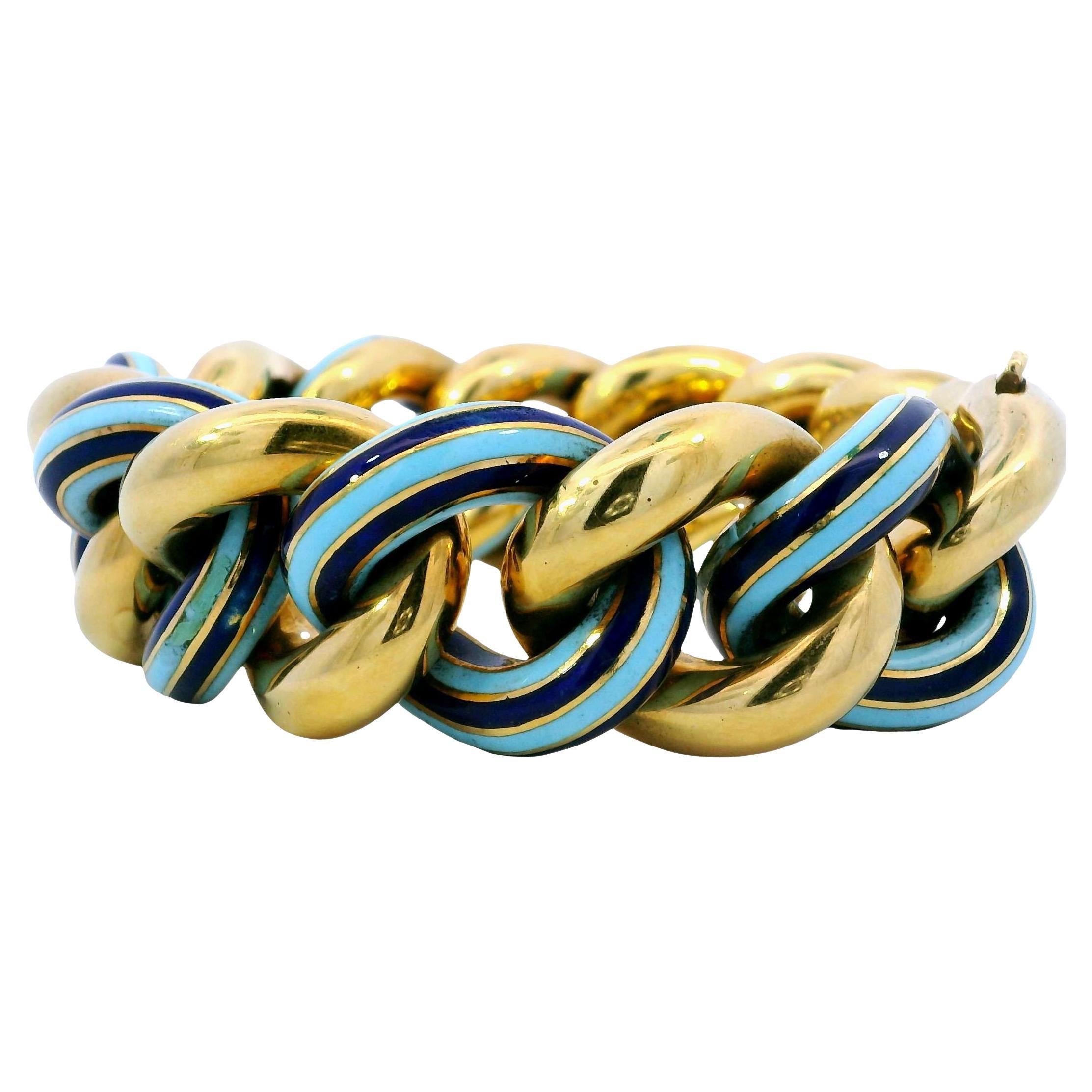 Bracciale d'epoca a maglie pesanti con smalto blu oceano chiaro e scuro, lunghezza 7,5