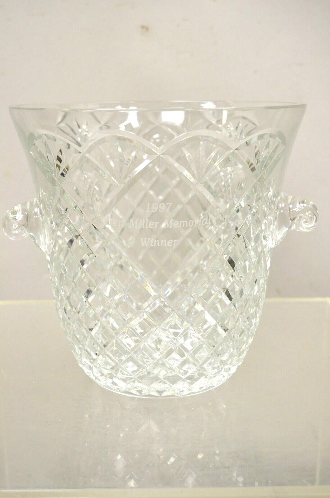 Vintage Heavy Diamond Cut Lead Crystal Glass Ice Bucket, Etched For Sale 4