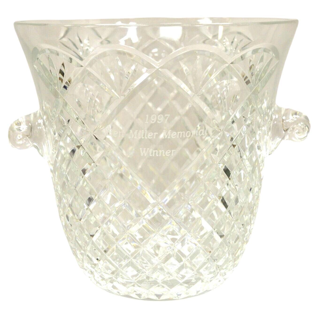 Vintage Heavy Diamond Cut Lead Crystal Glass Ice Bucket, Etched For Sale