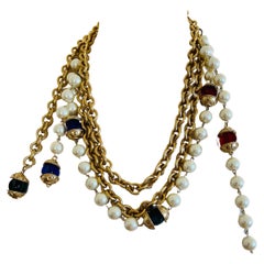 Vintage Heavy Gold Haute Couture Faux Pearl Chain Pâte de Verre Necklace Belt