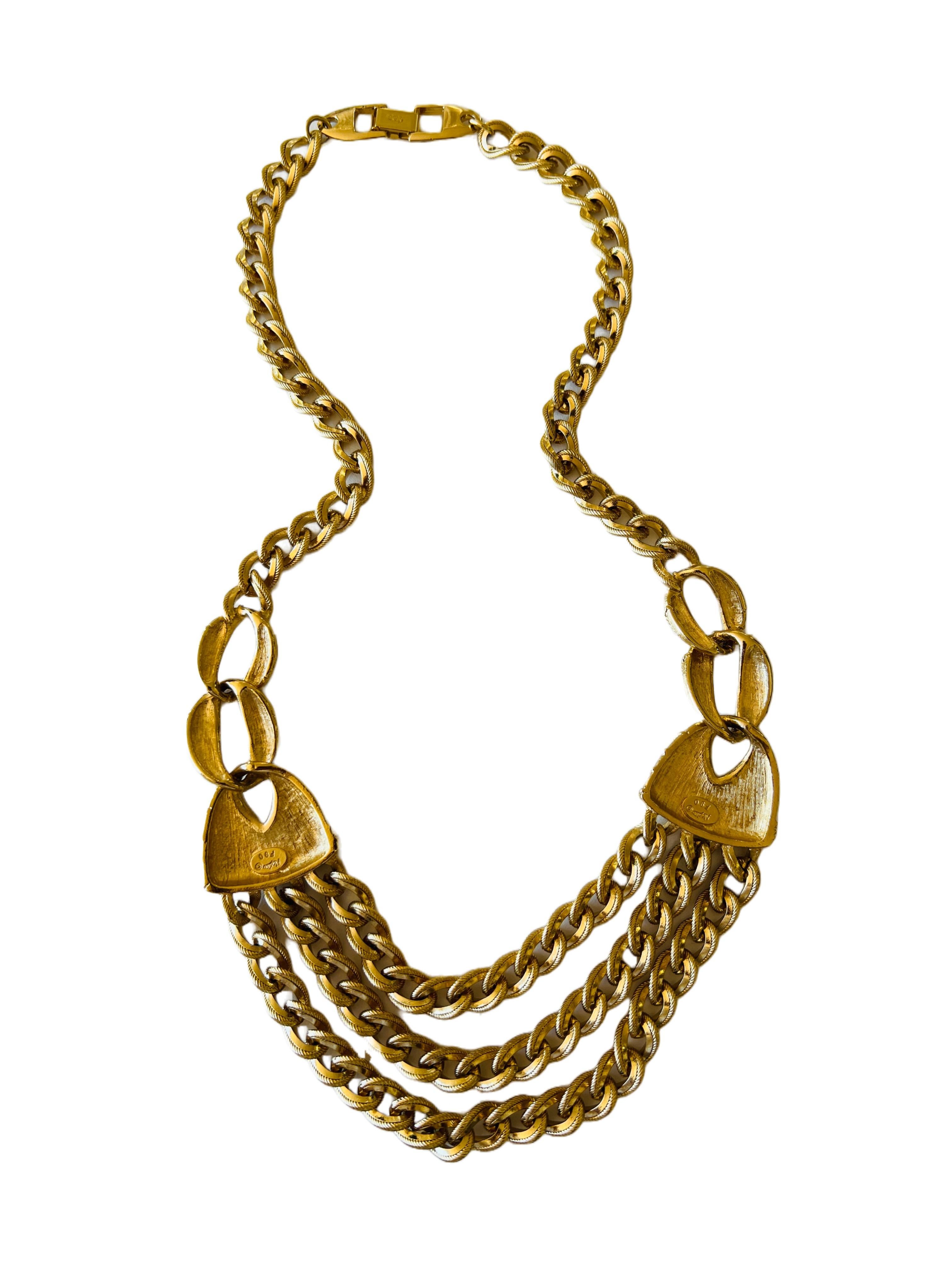 Vintage Heavy Gold Multi Curb Cable Chain Statement Necklace Red Jewel  For Sale 2