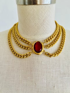 Vintage Heavy Gold Multi Curb Cuban Chain Statement Choker Necklace Red Jewel