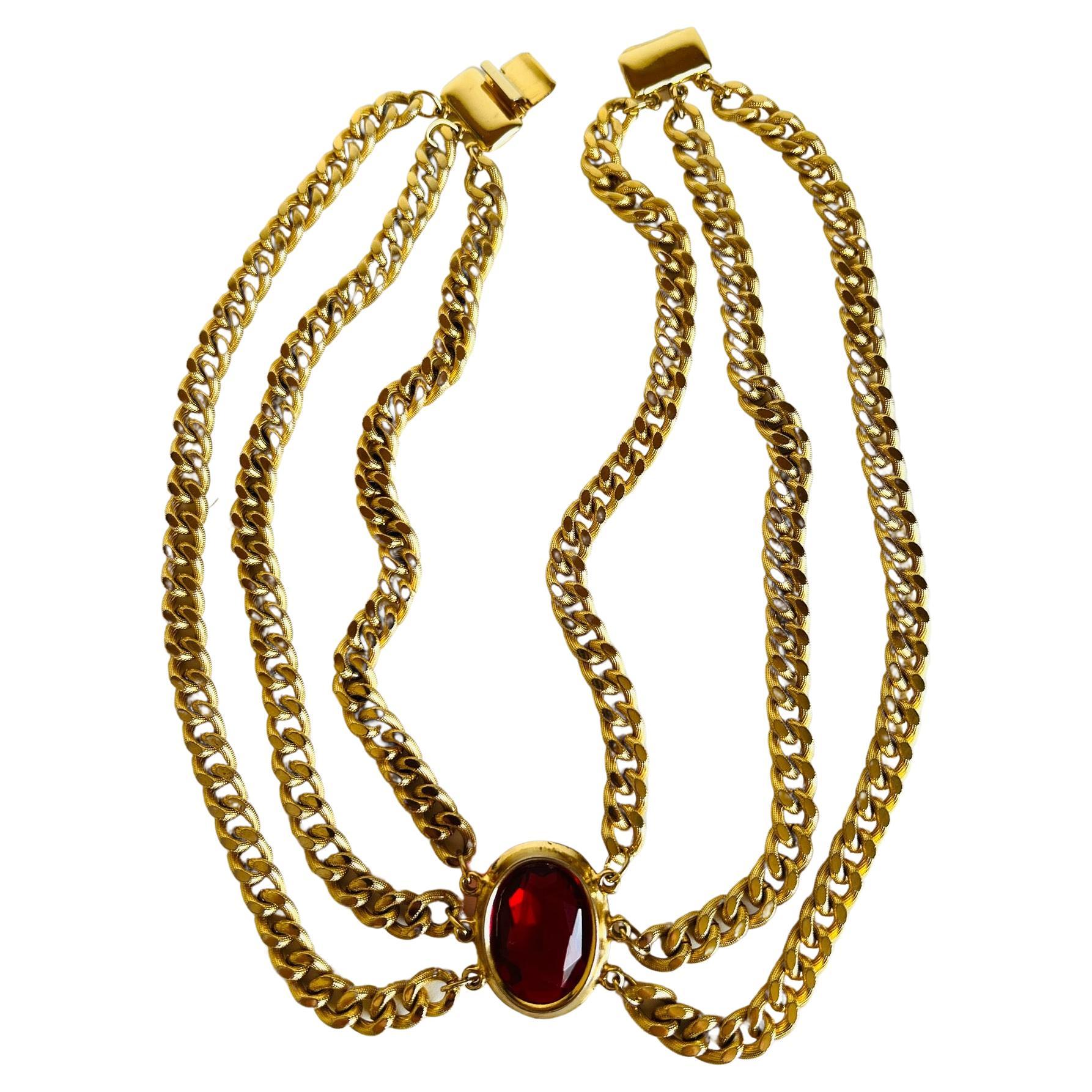 Women's Vintage Heavy Gold Multi Curb Cuban Chain Statement Choker Necklace Red Jewel 