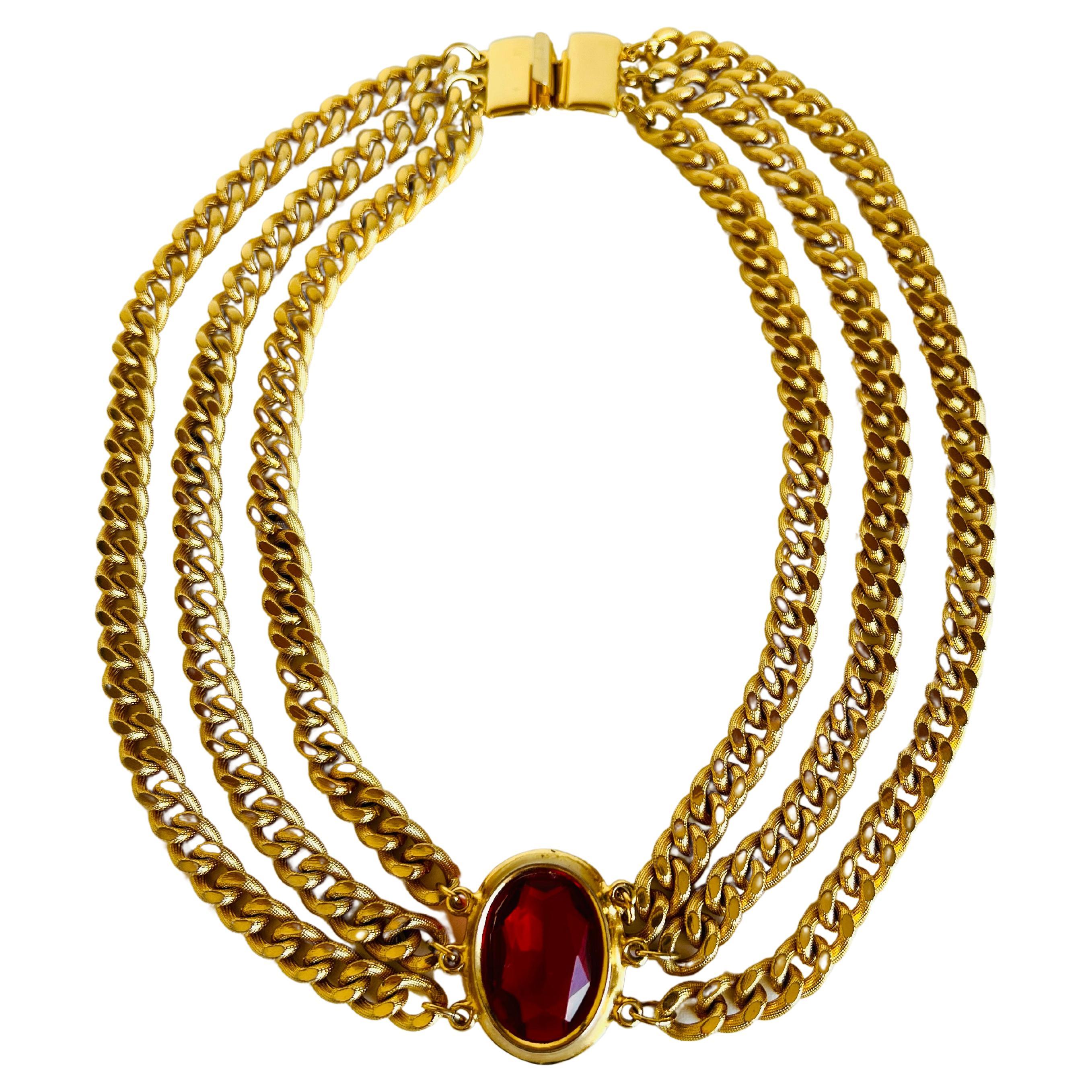 Vintage Heavy Gold Multi Curb Cuban Chain Statement Choker Necklace Red Jewel  1