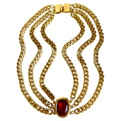 Vintage Heavy Gold Multi Curb Cuban Chain Statement Choker Necklace Red Jewel