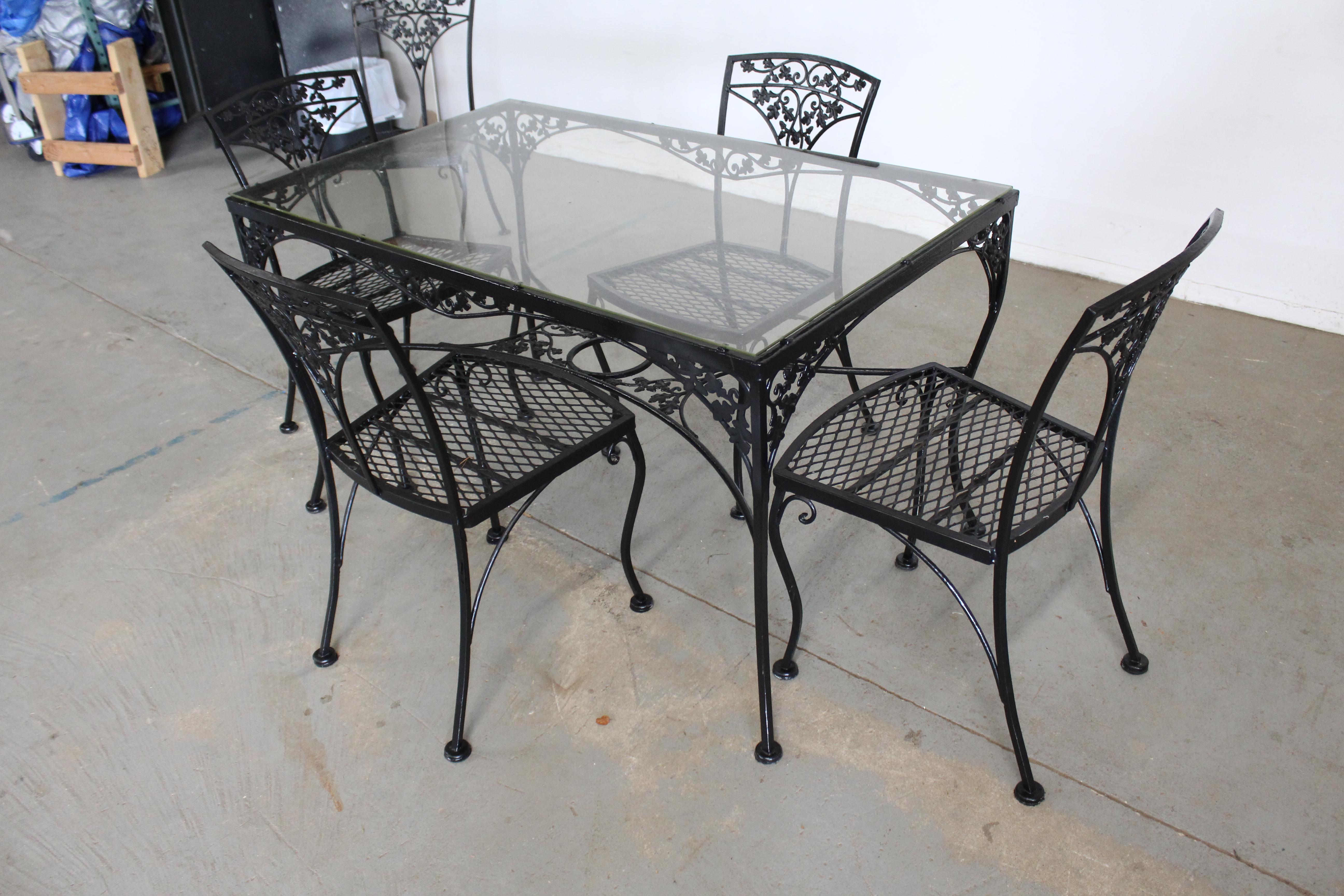 North American Vintage Heavy Iron Meadowcraft Outdoor Iron Table and 5 Chairs For Sale