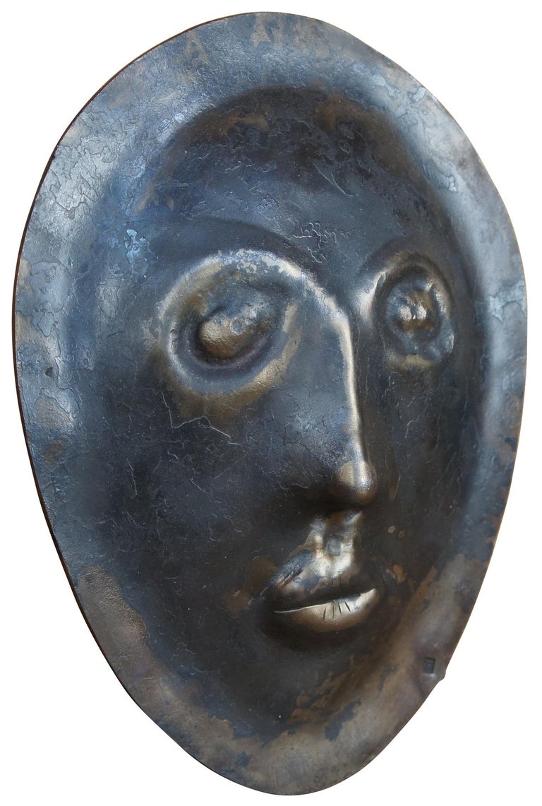 Vintage Heavy Iron Tribal Art Sculpture Flat Portrait Hanging Face Mask ...