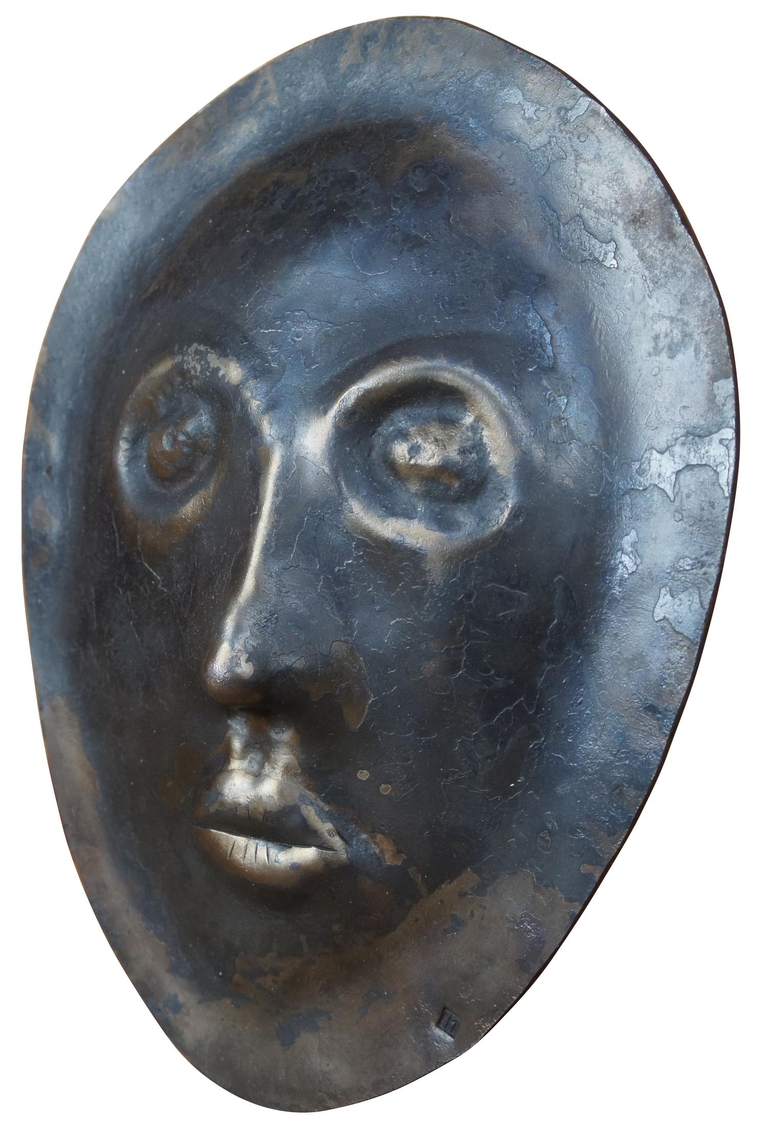 Folk Art Vintage Heavy Iron Tribal Art Sculpture Flat Portrait Hanging Face Mask For Sale