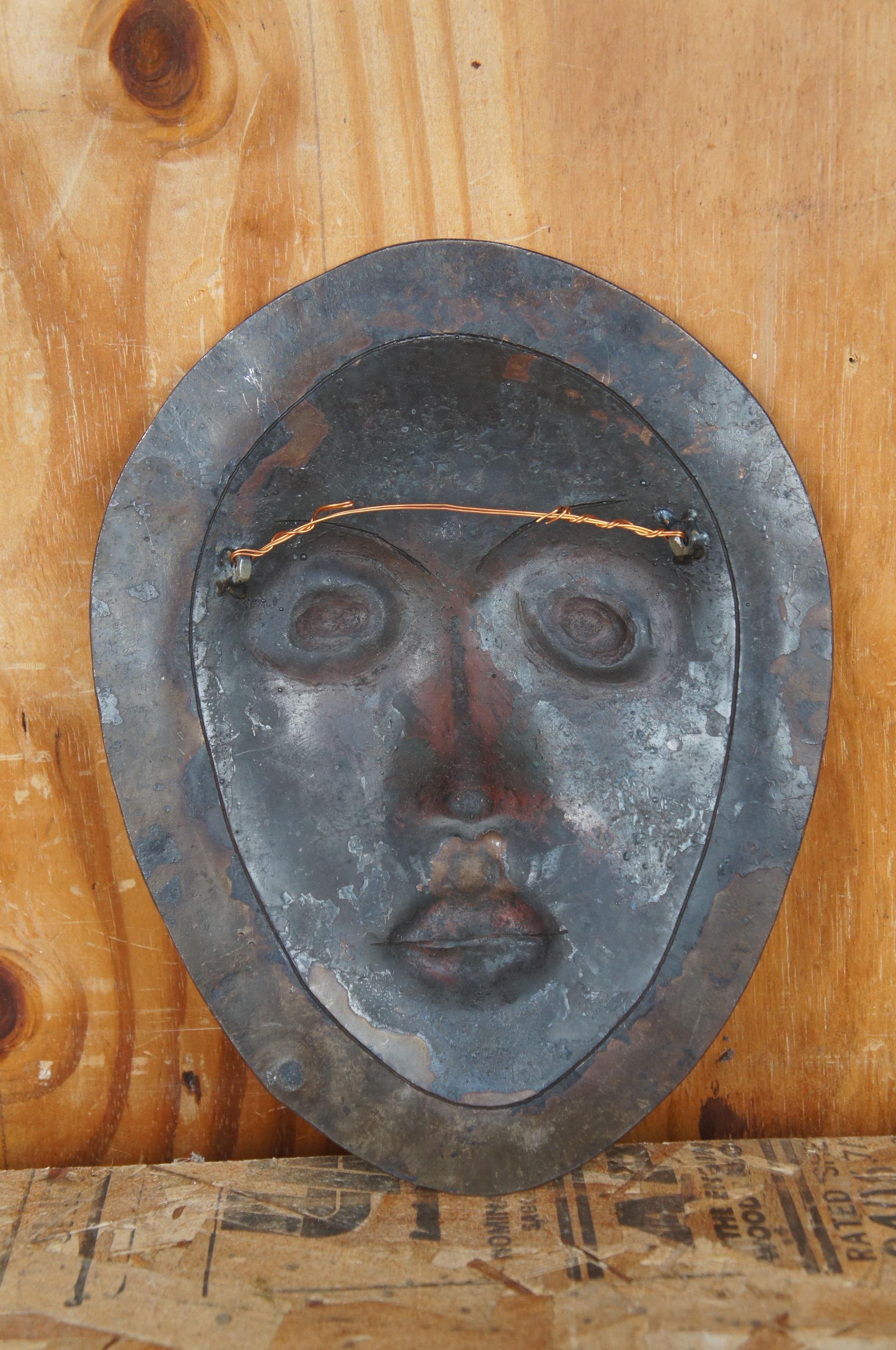 20th Century Vintage Heavy Iron Tribal Art Sculpture Flat Portrait Hanging Face Mask For Sale