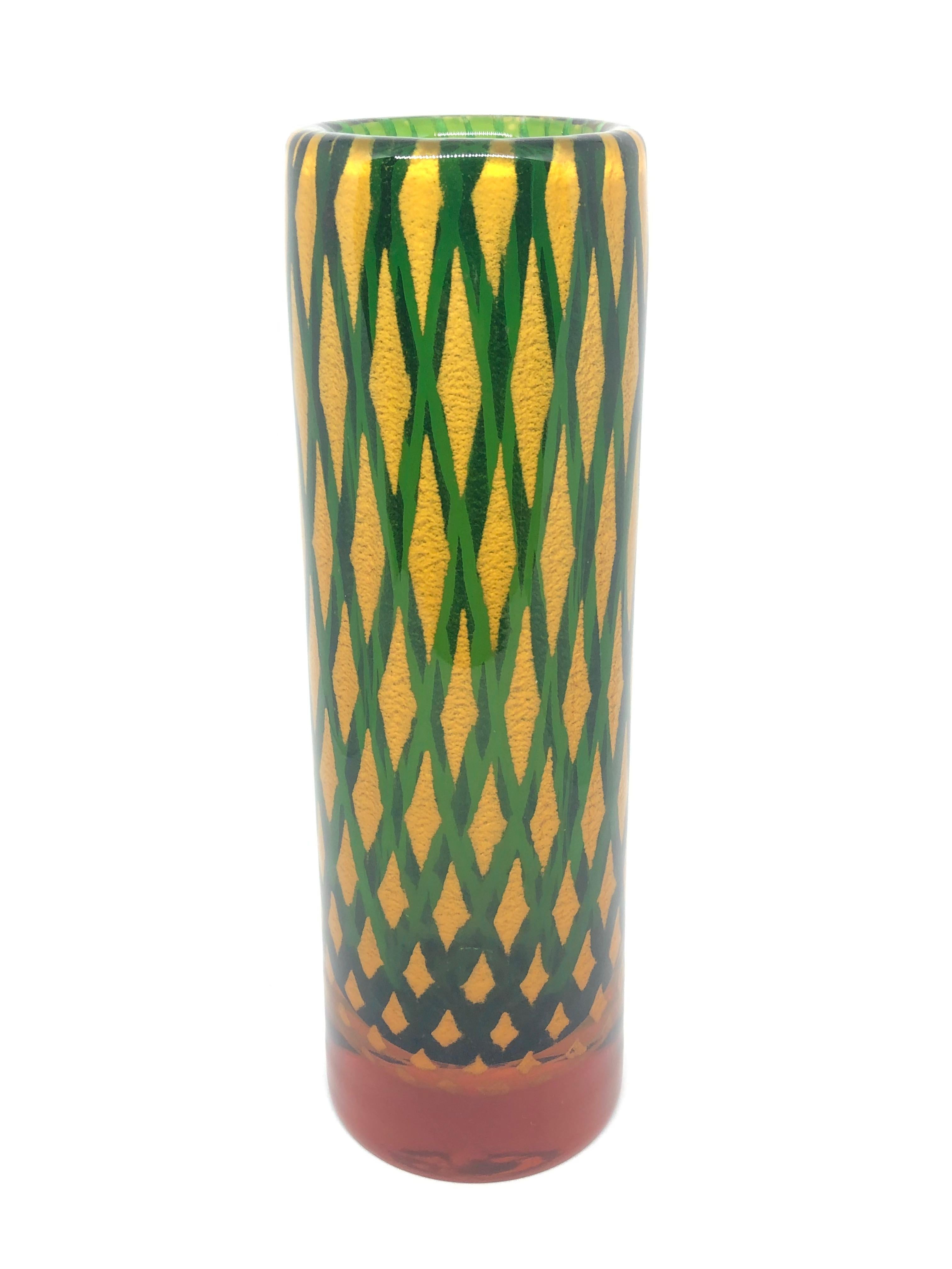 Beautiful Murano hand blown Italian art glass vase. Created attributed to Galliano Ferro. Brilliant green, amber and kind of yellow gold color. A beautiful piece of art for any room.