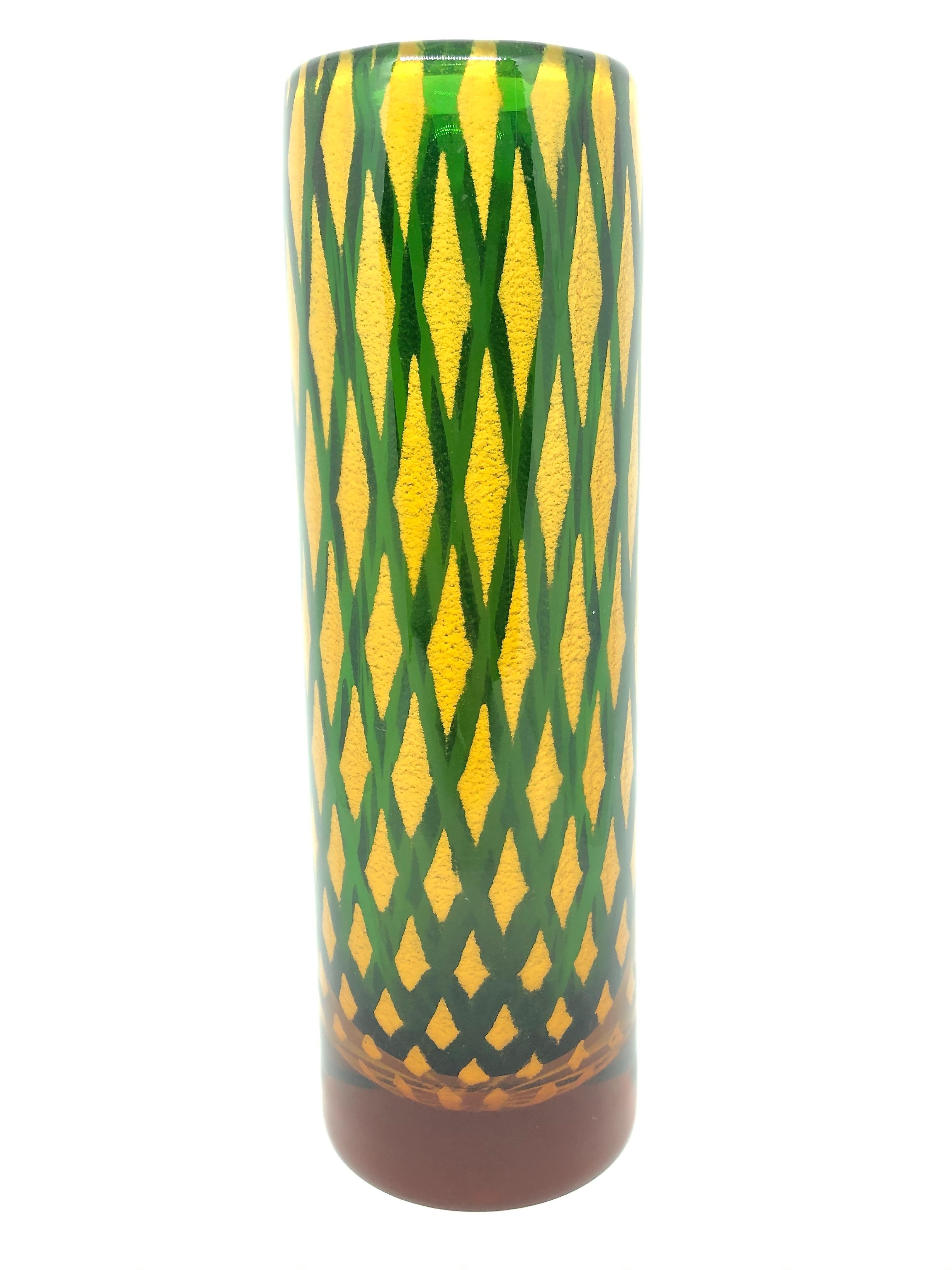 Italian Vintage Heavy Murano Galliano Ferro Style Art Glass Cylinder Vase, Italy, 1970s For Sale