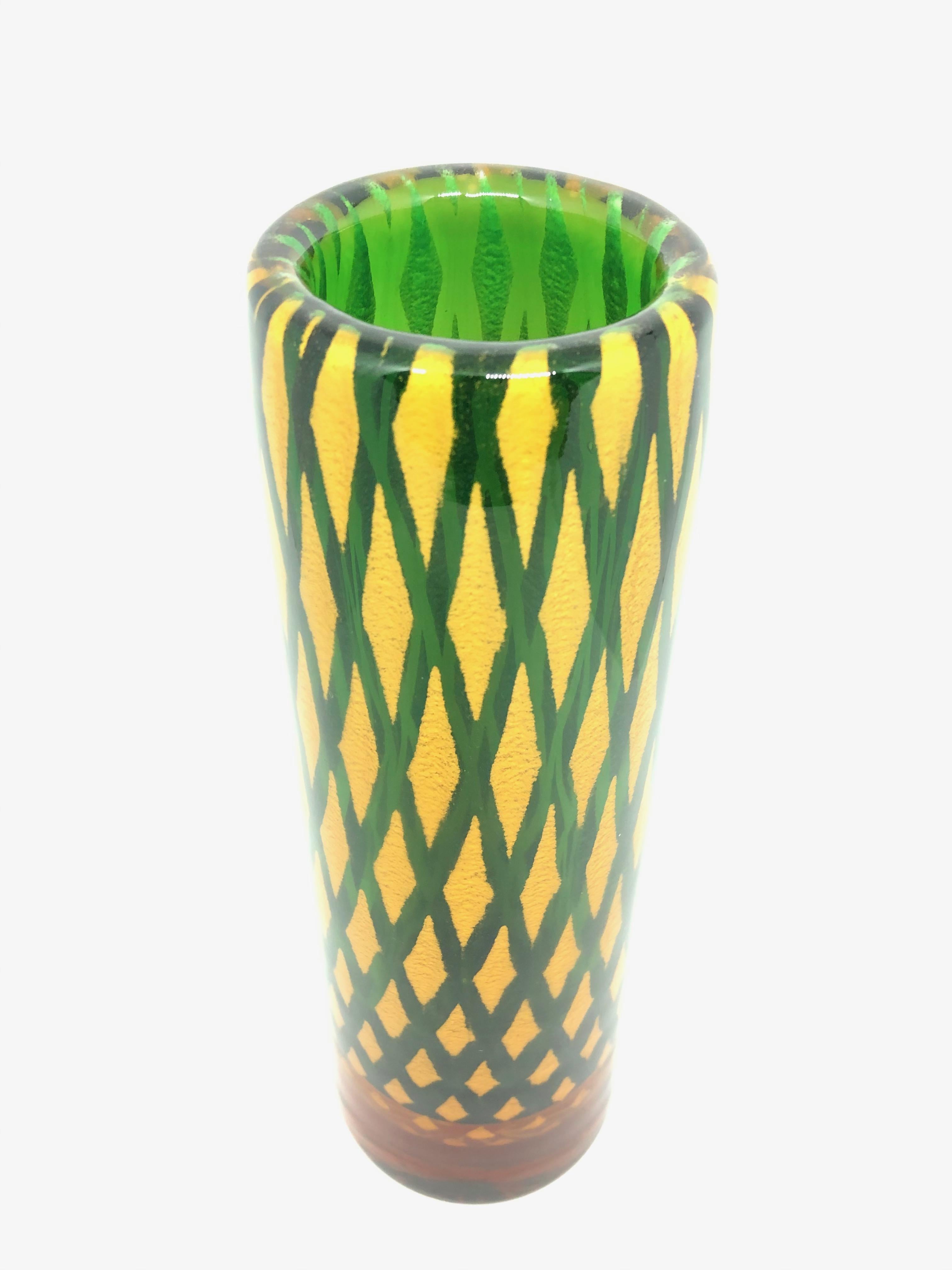 Hand-Crafted Vintage Heavy Murano Galliano Ferro Style Art Glass Cylinder Vase, Italy, 1970s For Sale