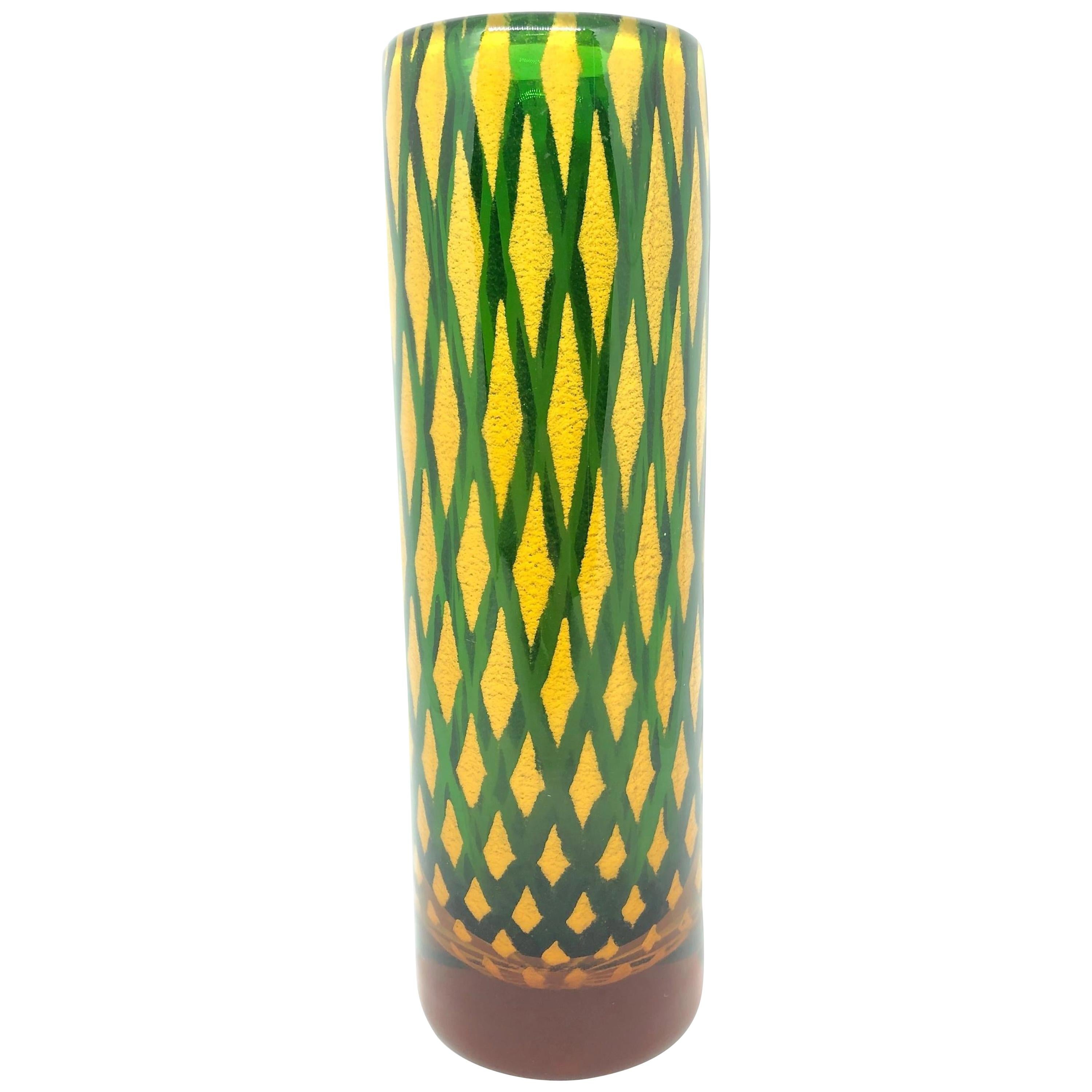 Vintage Heavy Murano Galliano Ferro Style Art Glass Cylinder Vase, Italy, 1970s For Sale