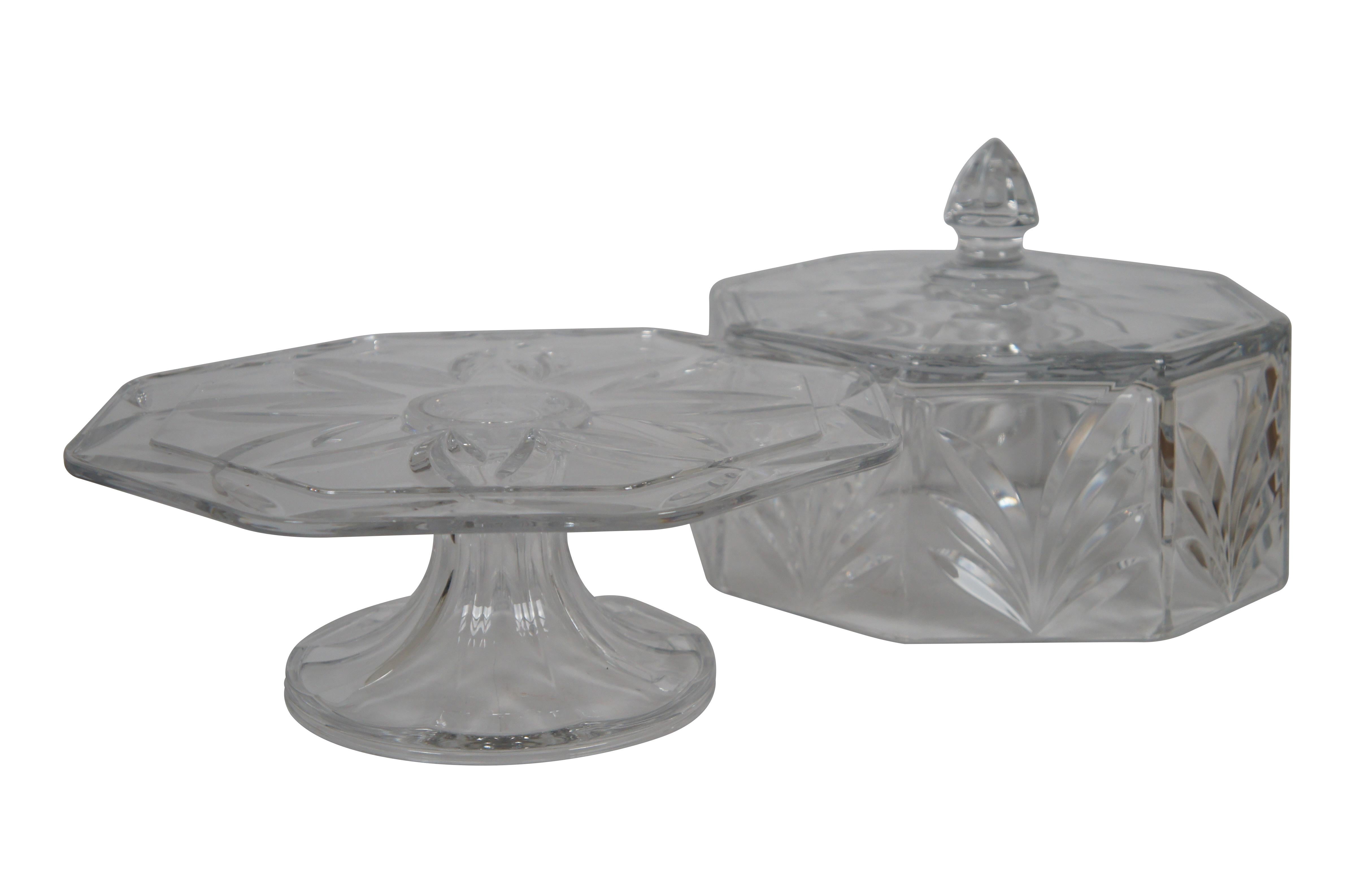 Vintage Heavy Octagonal Cut Crystal Domed Footed Pedestal Cake Plate Stand 13.5