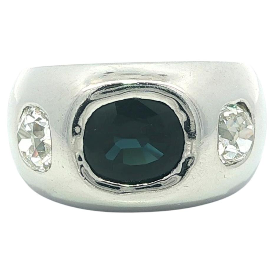 Vintage Heavy Platinum 3.8ctw GIA Blue Sapphire Old Mine Cut Diamond Band Ring For Sale
