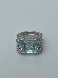 Vintage Heavy Platinum Aquamarine and Diamond Ring by Julien Riad Sahyou