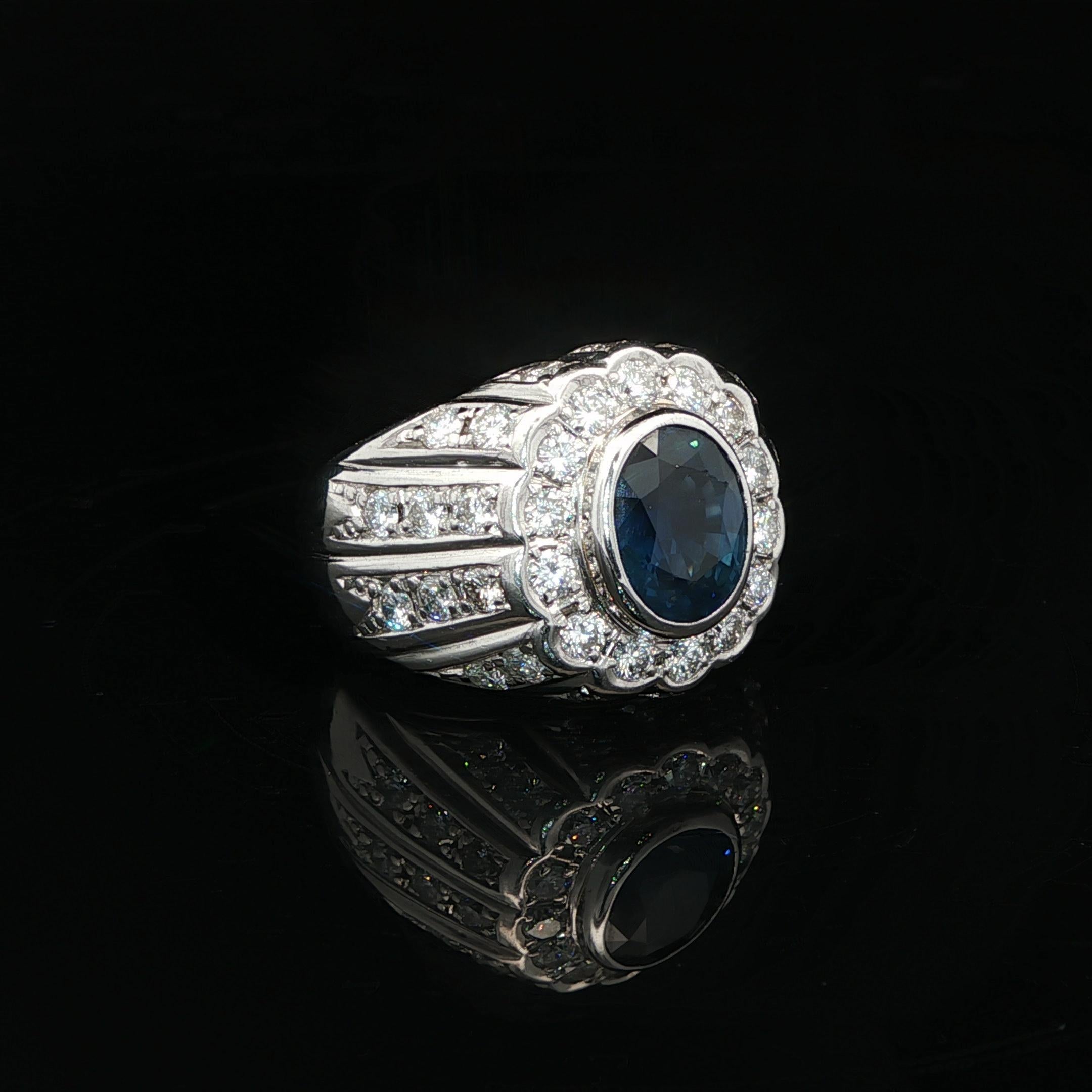 Vintage Heavy Platinum GIA 3.6ctw Bezel Oval Sapphire w/ Diamond Band Ring (Bague en platine lourd GIA 3.6ctw Saphir ovale avec chaton et diamant) en vente 6