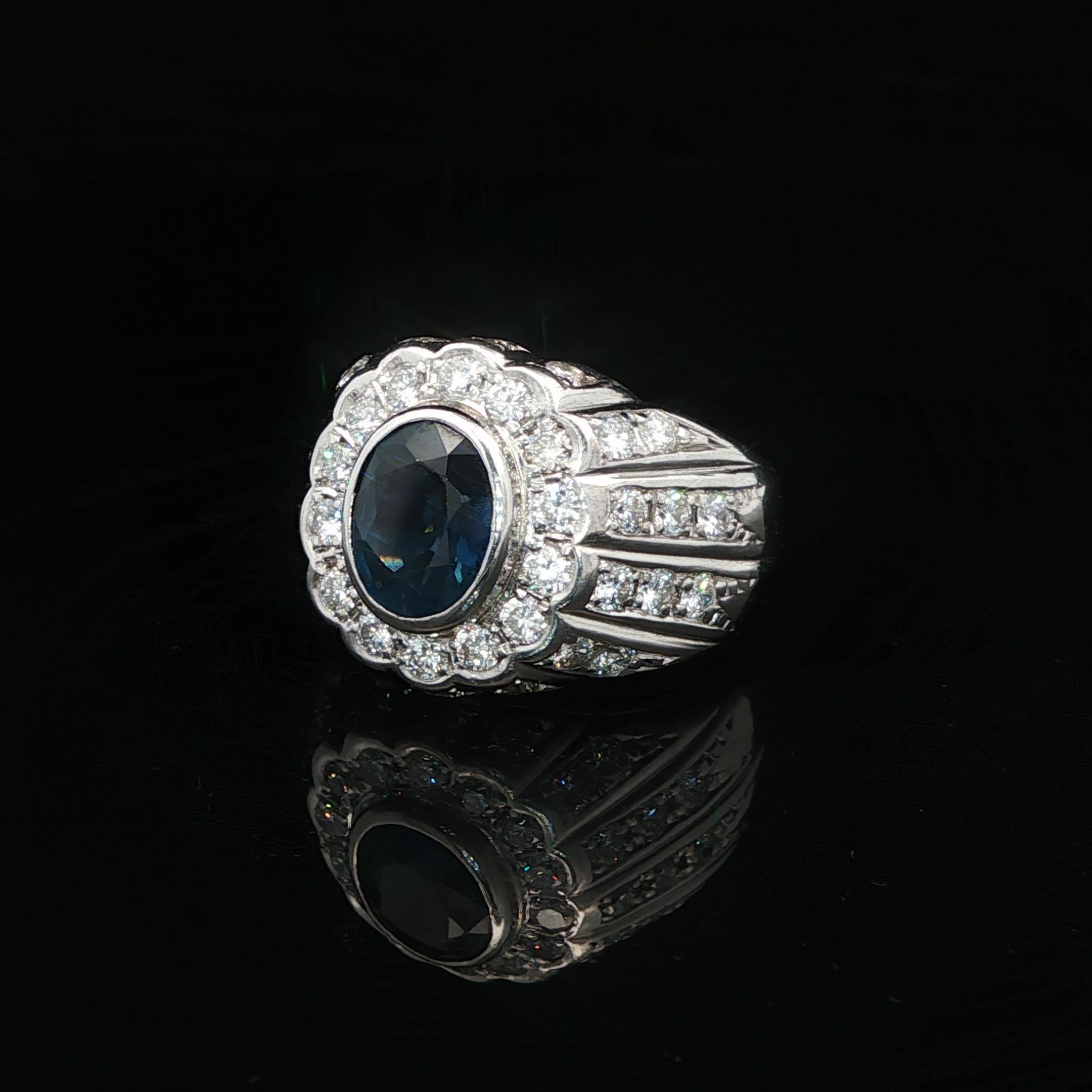 Vintage Heavy Platinum GIA 3.6ctw Bezel Oval Sapphire w/ Diamond Band Ring (Bague en platine lourd GIA 3.6ctw Saphir ovale avec chaton et diamant) en vente 7