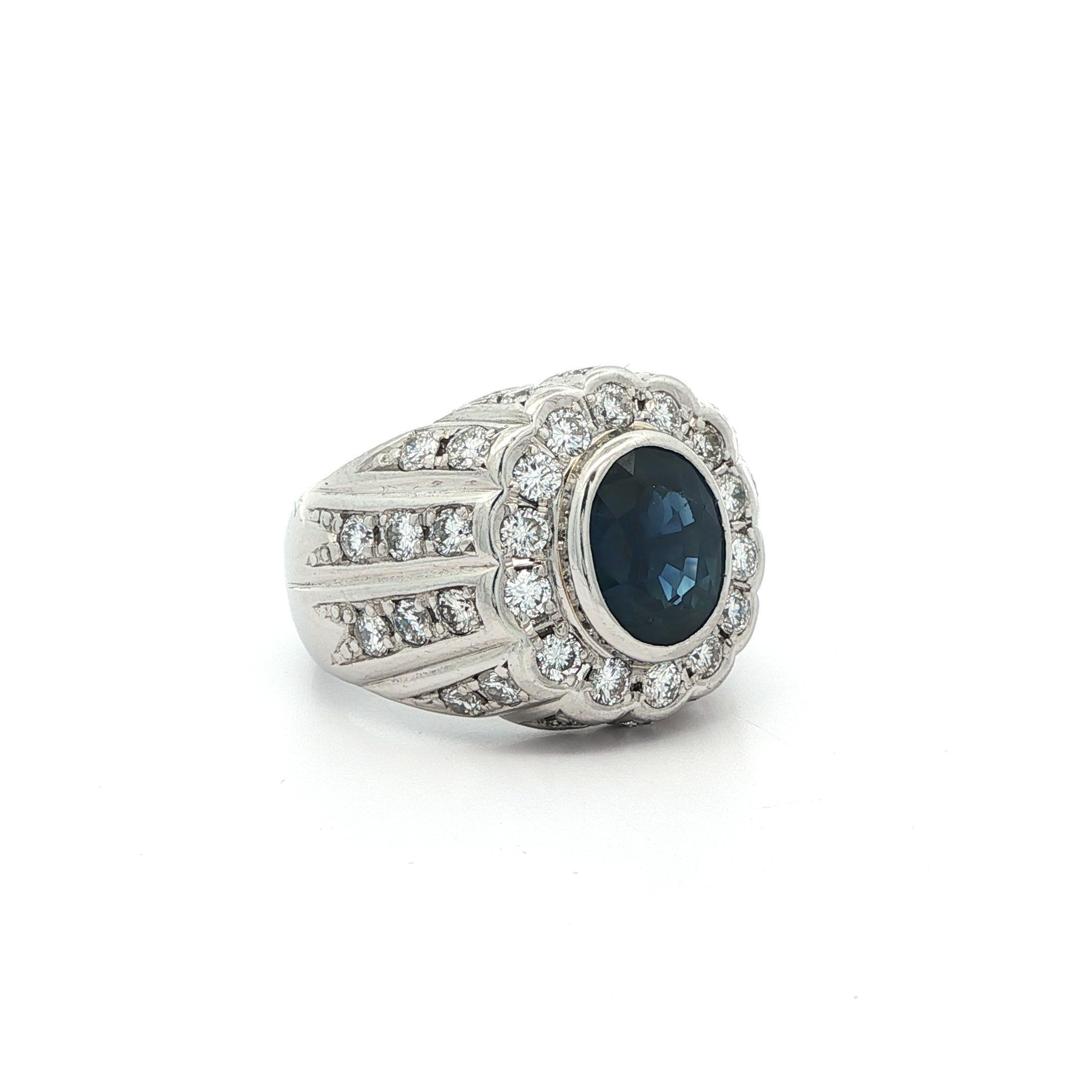 Vintage Heavy Platinum GIA 3.6ctw Bezel Oval Sapphire w/ Diamond Band Ring (Bague en platine lourd GIA 3.6ctw Saphir ovale avec chaton et diamant) en vente 9