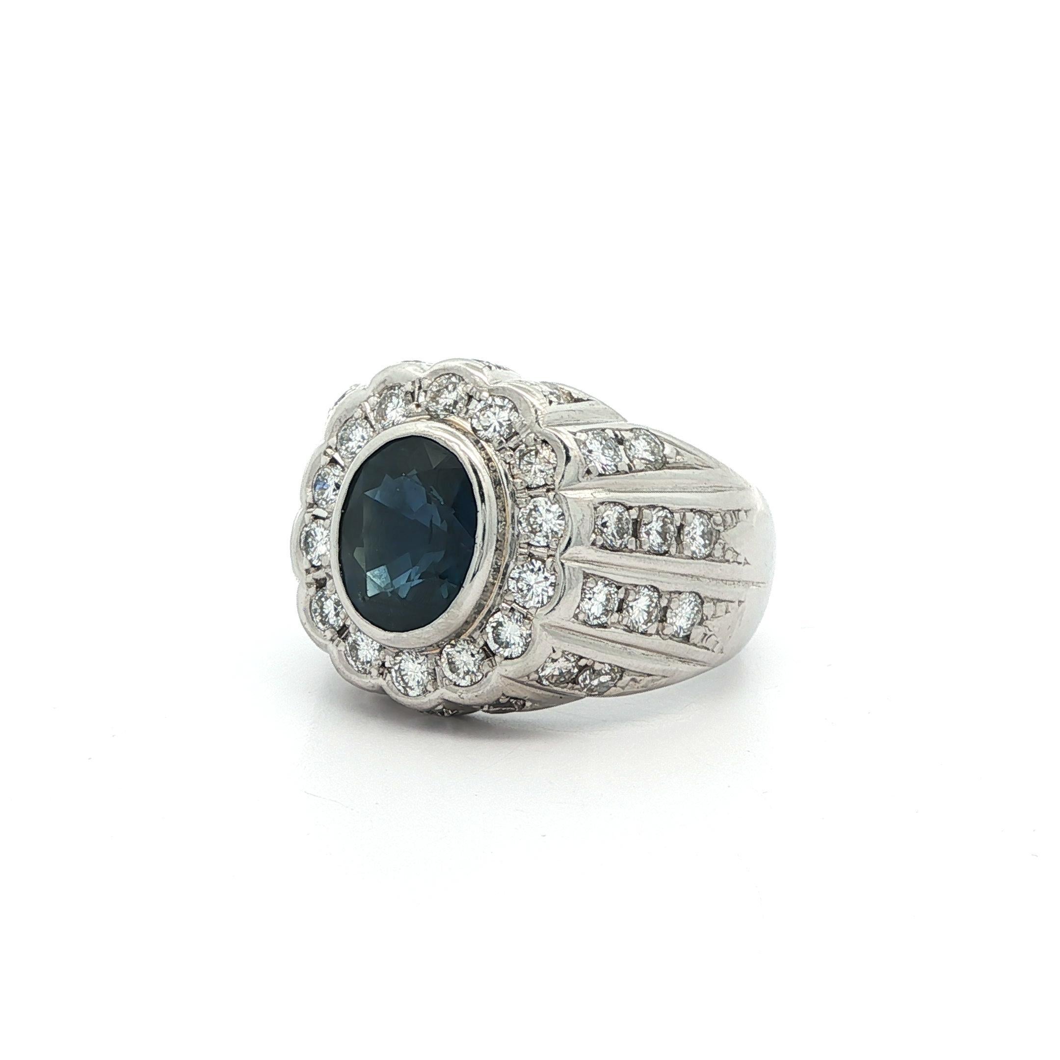 Vintage Heavy Platinum GIA 3.6ctw Bezel Oval Sapphire w/ Diamond Band Ring (Bague en platine lourd GIA 3.6ctw Saphir ovale avec chaton et diamant) en vente 10