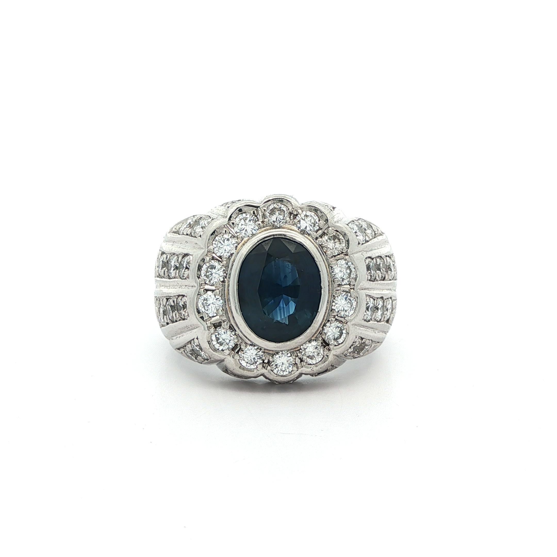 Vintage Heavy Platinum GIA 3.6ctw Bezel Oval Sapphire w/ Diamond Band Ring (Bague en platine lourd GIA 3.6ctw Saphir ovale avec chaton et diamant) en vente 13