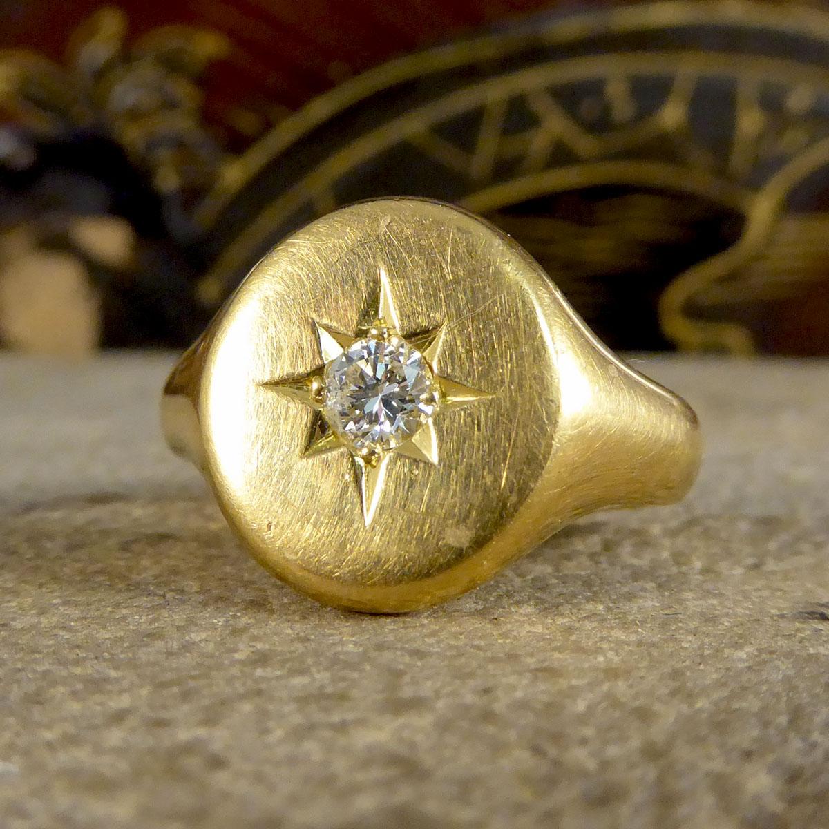 Victorian Vintage Heavy Quality Diamond Star Set Signet Ring in 18ct Yellow Gold
