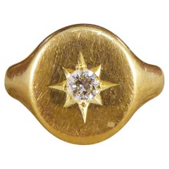 Vintage Heavy Quality Diamond Star Set Signet Ring in 18ct Yellow Gold