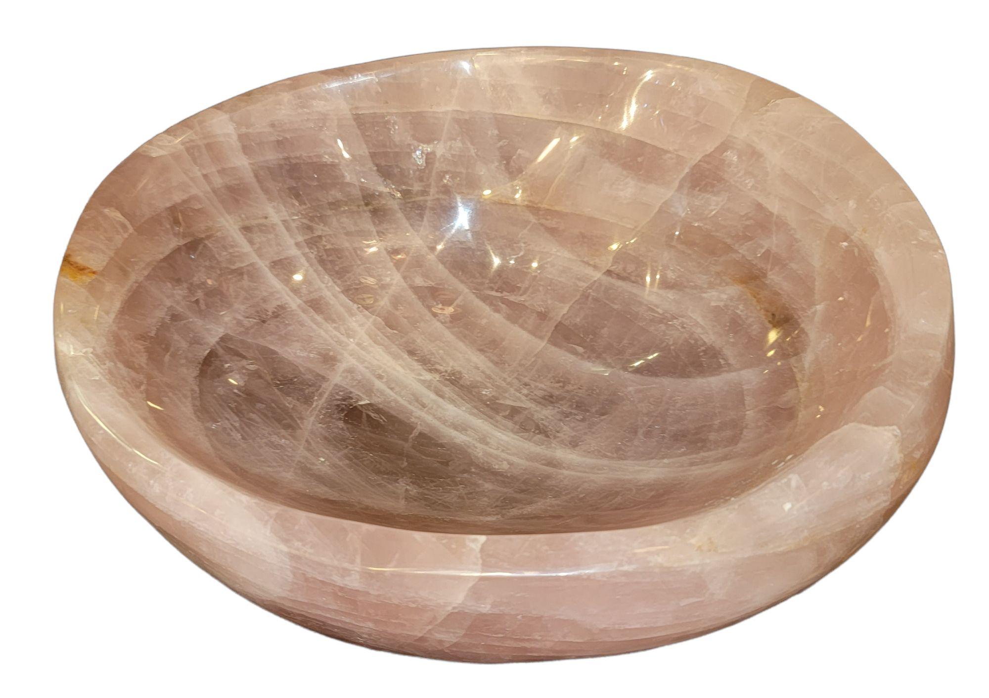 Vintage Rose Quart crystal large Bowl with beautiful design and heavy in weight.
Wonderful variegated whole and pinks throughout the bowl.

Measures: 10 wide x 8 deep x 4 high.