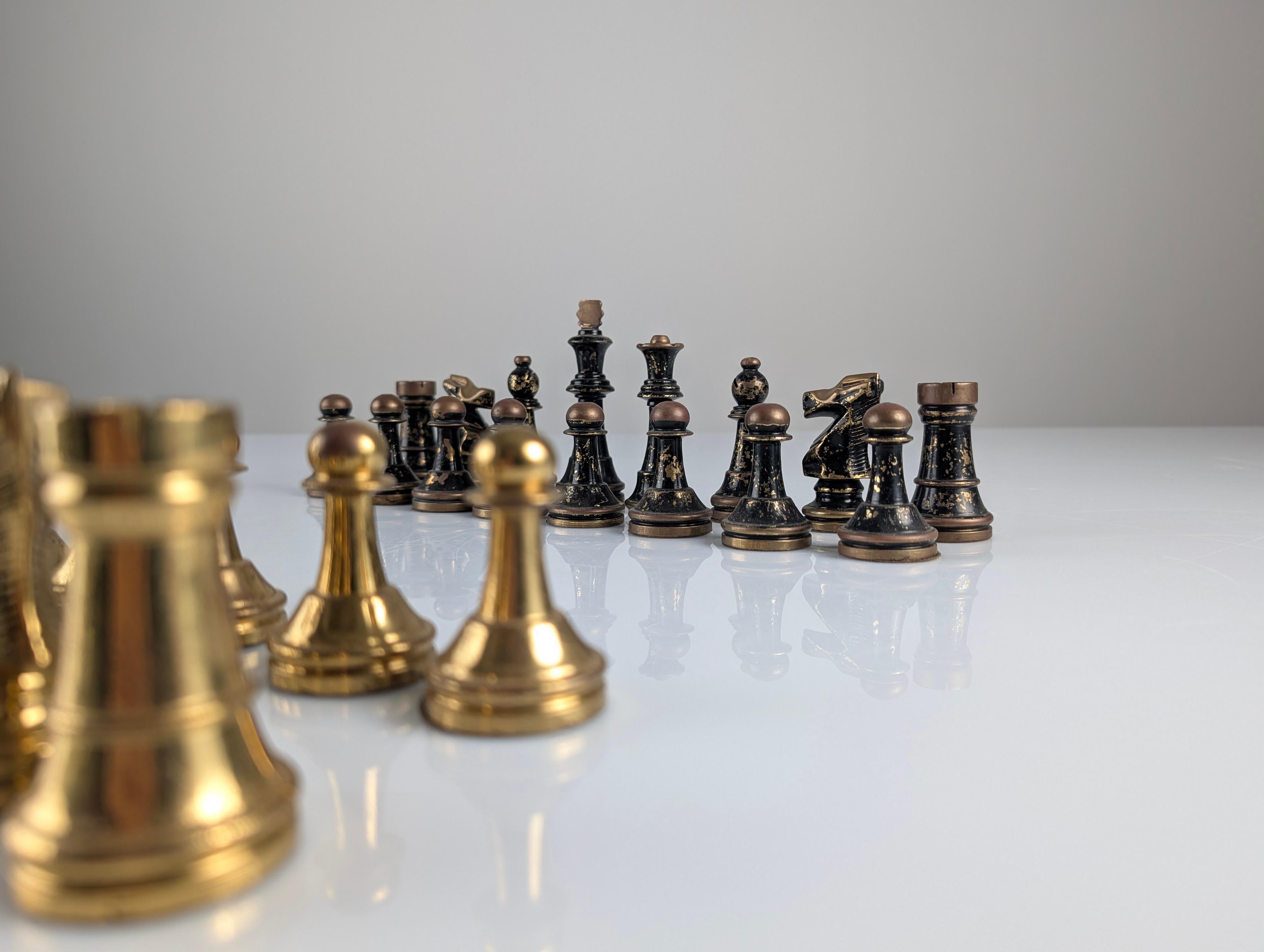 Vintage Heavyweight Bronze Chess Pieces, Staunton Design, 1970s 1