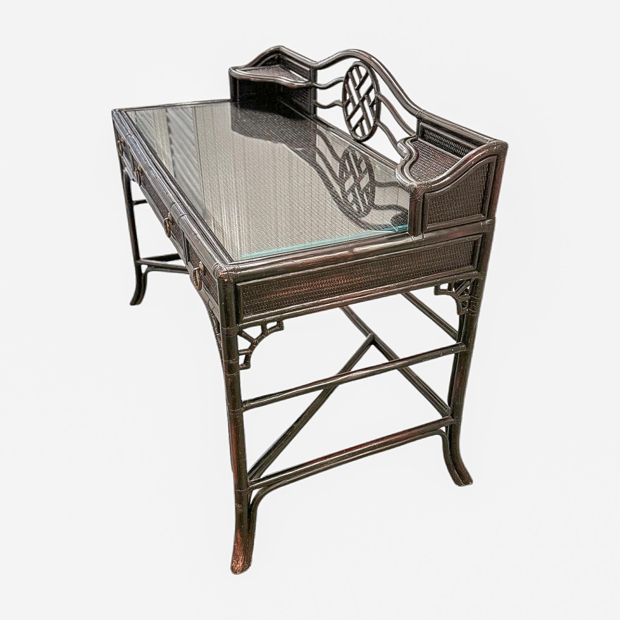 Chinoiserie Vintage Heckman Ebonized Rattan Cane Desk with Glass Top For Sale