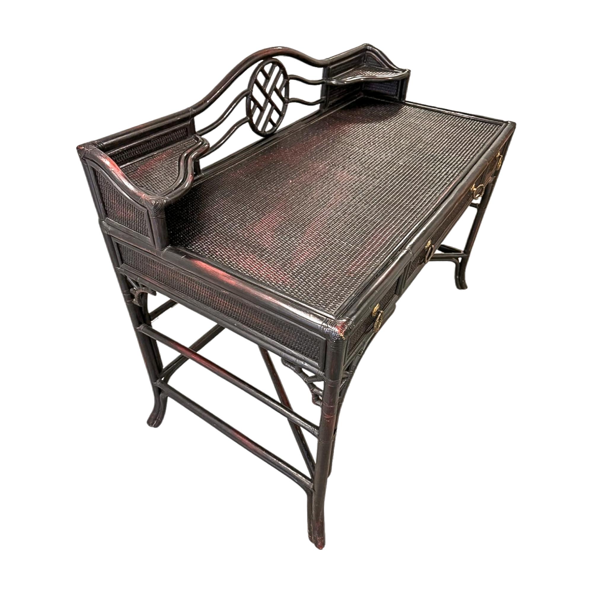 American Vintage Heckman Ebonized Rattan Cane Desk with Glass Top For Sale