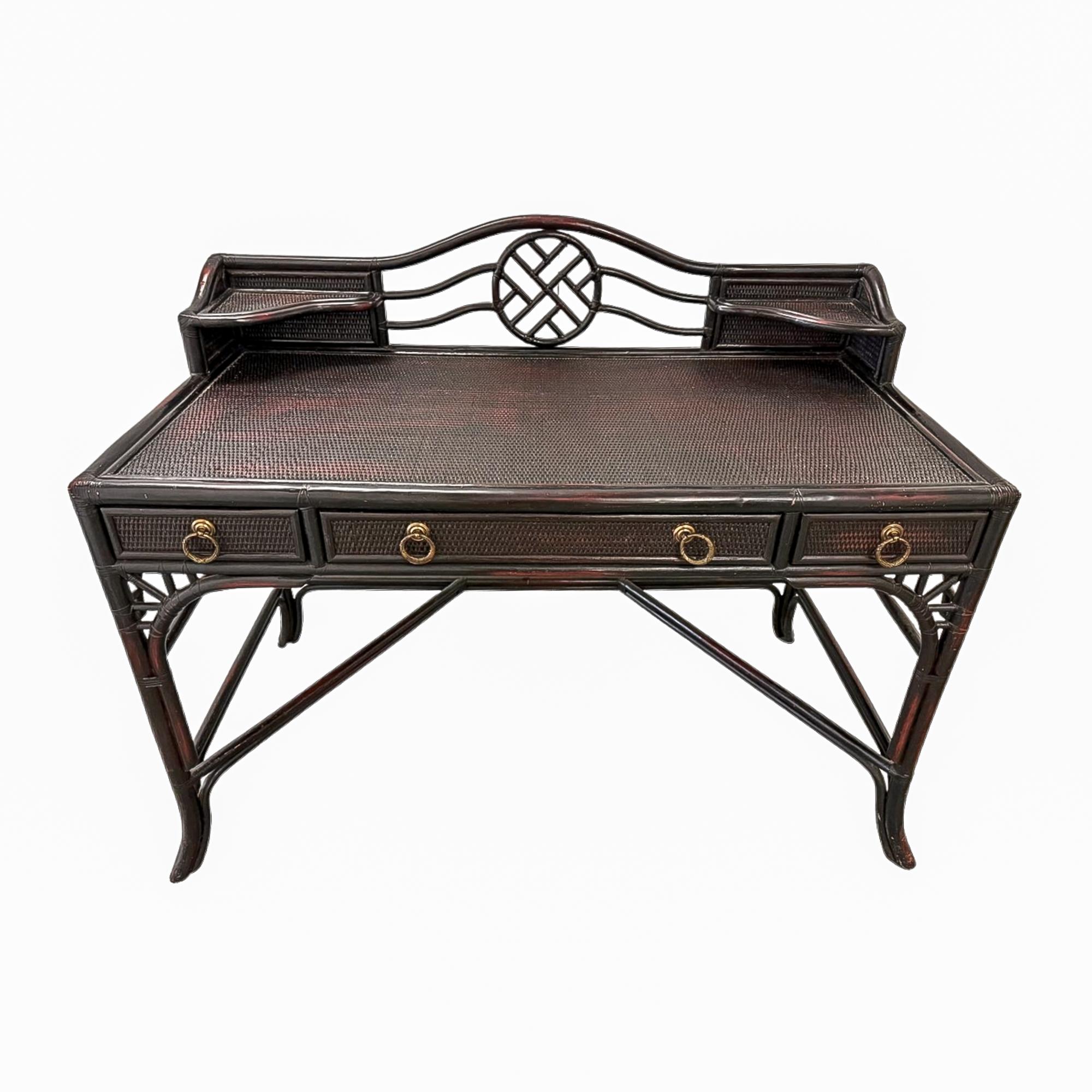 Vintage Heckman Ebonized Rattan Cane Desk with Glass Top In Good Condition For Sale In Sarasota, FL