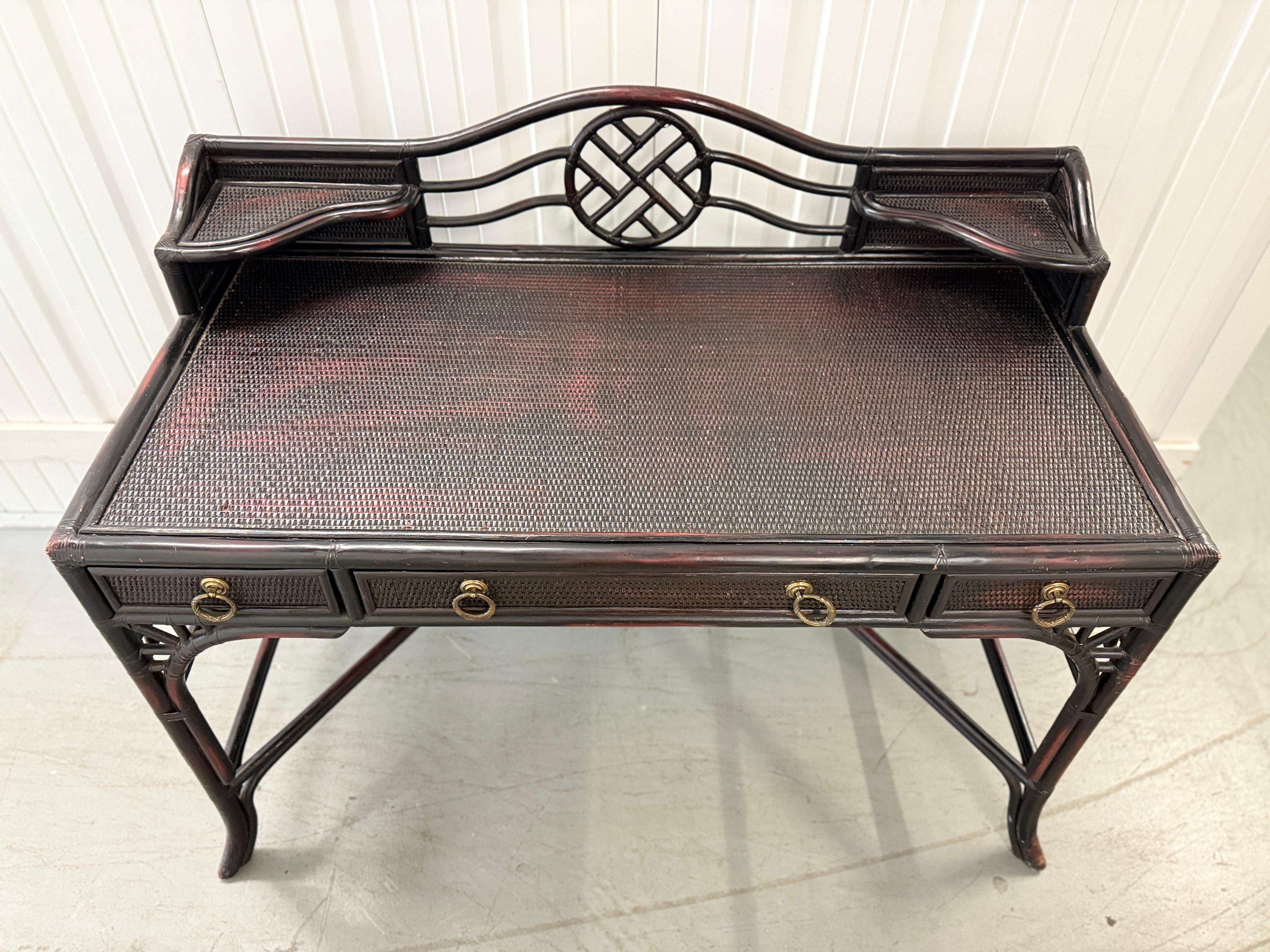20th Century Vintage Heckman Ebonized Rattan Cane Desk with Glass Top For Sale