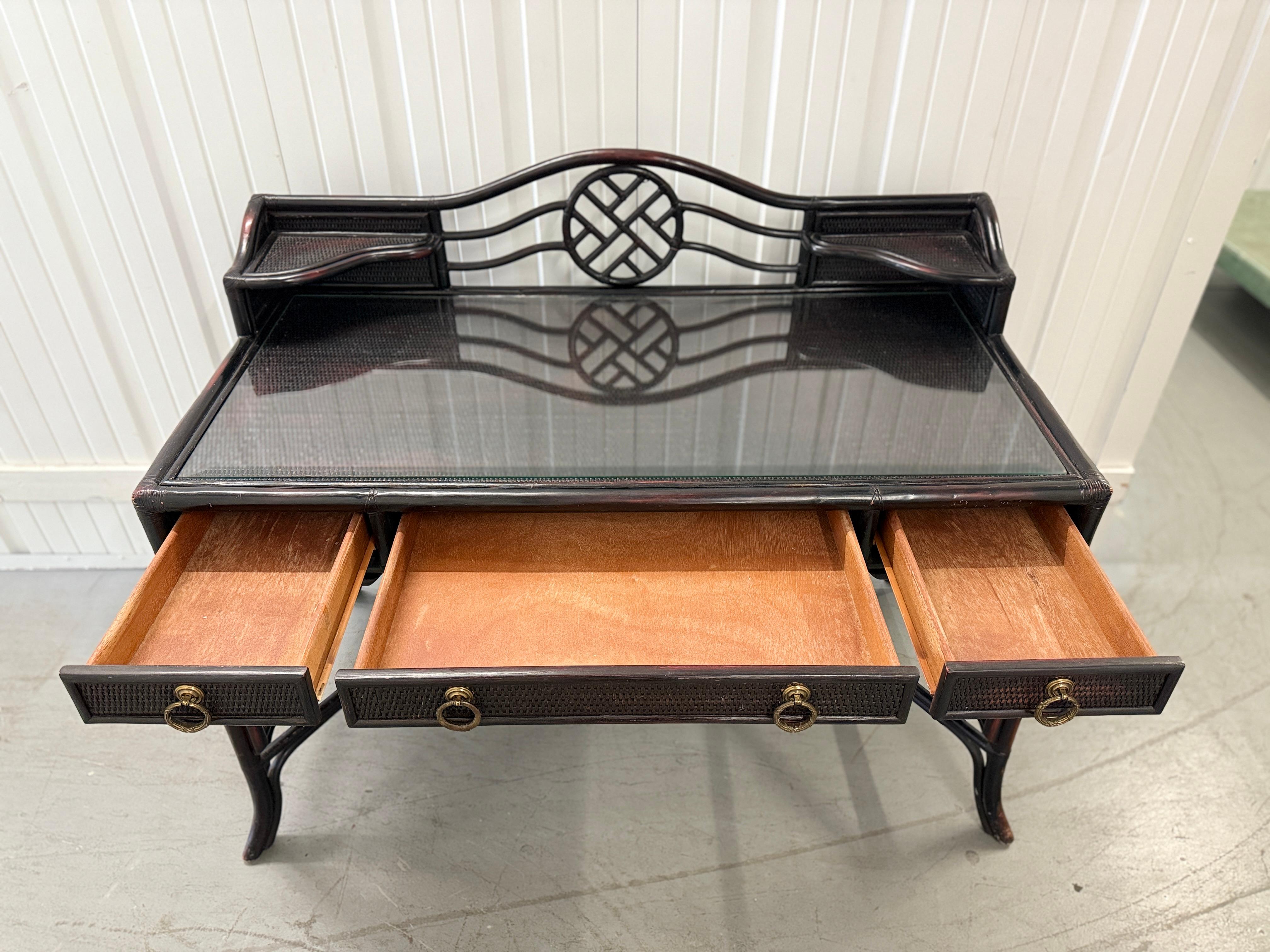 Vintage Heckman Ebonized Rattan Cane Desk with Glass Top For Sale 2