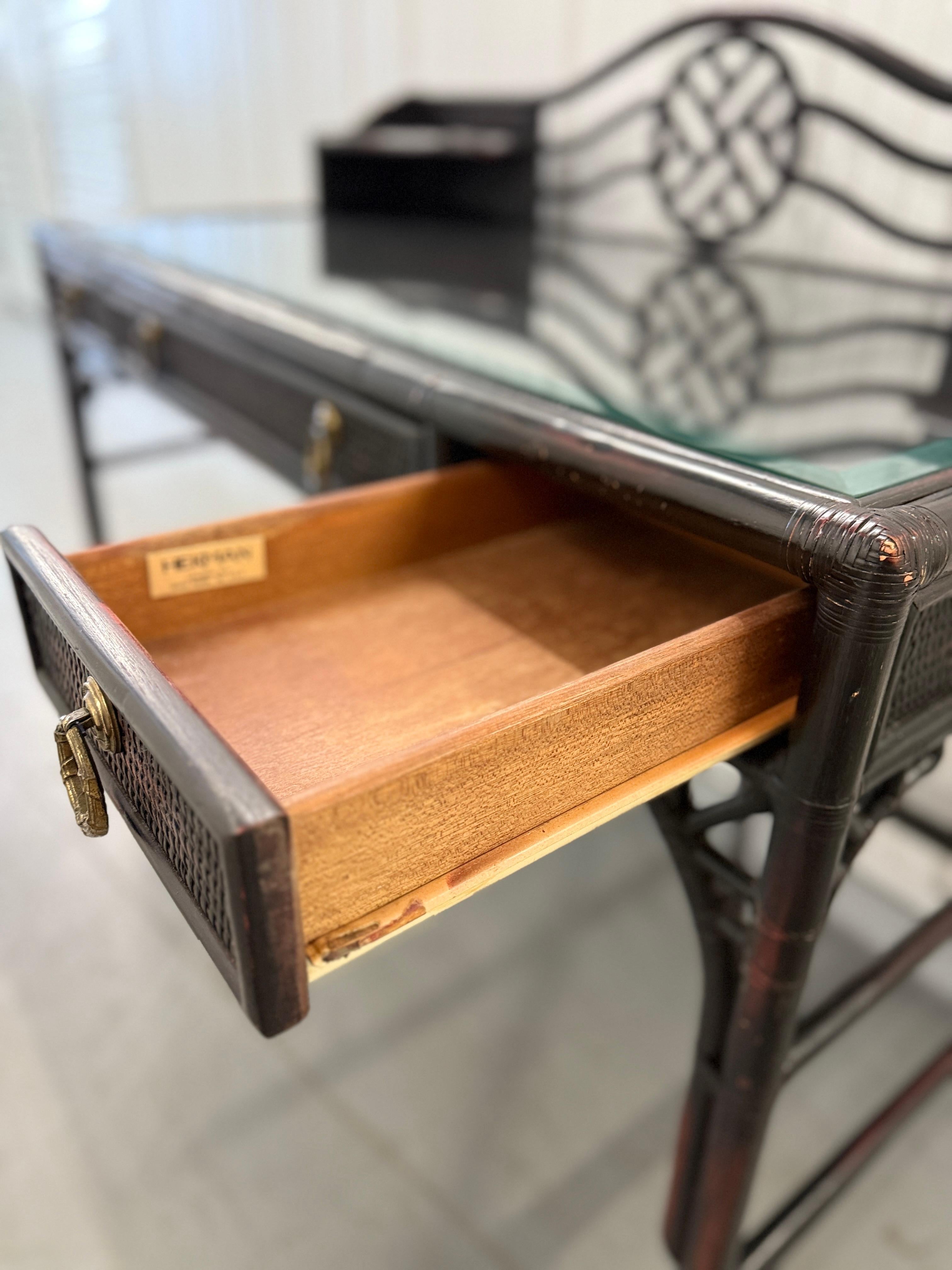 Vintage Heckman Ebonized Rattan Cane Desk with Glass Top For Sale 3