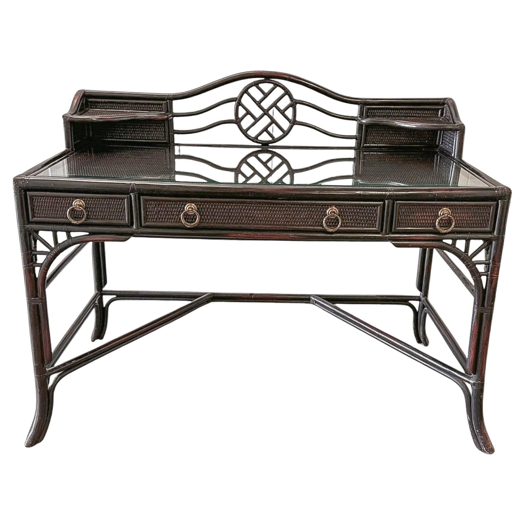 Vintage Heckman Ebonized Rattan Cane Desk with Glass Top For Sale