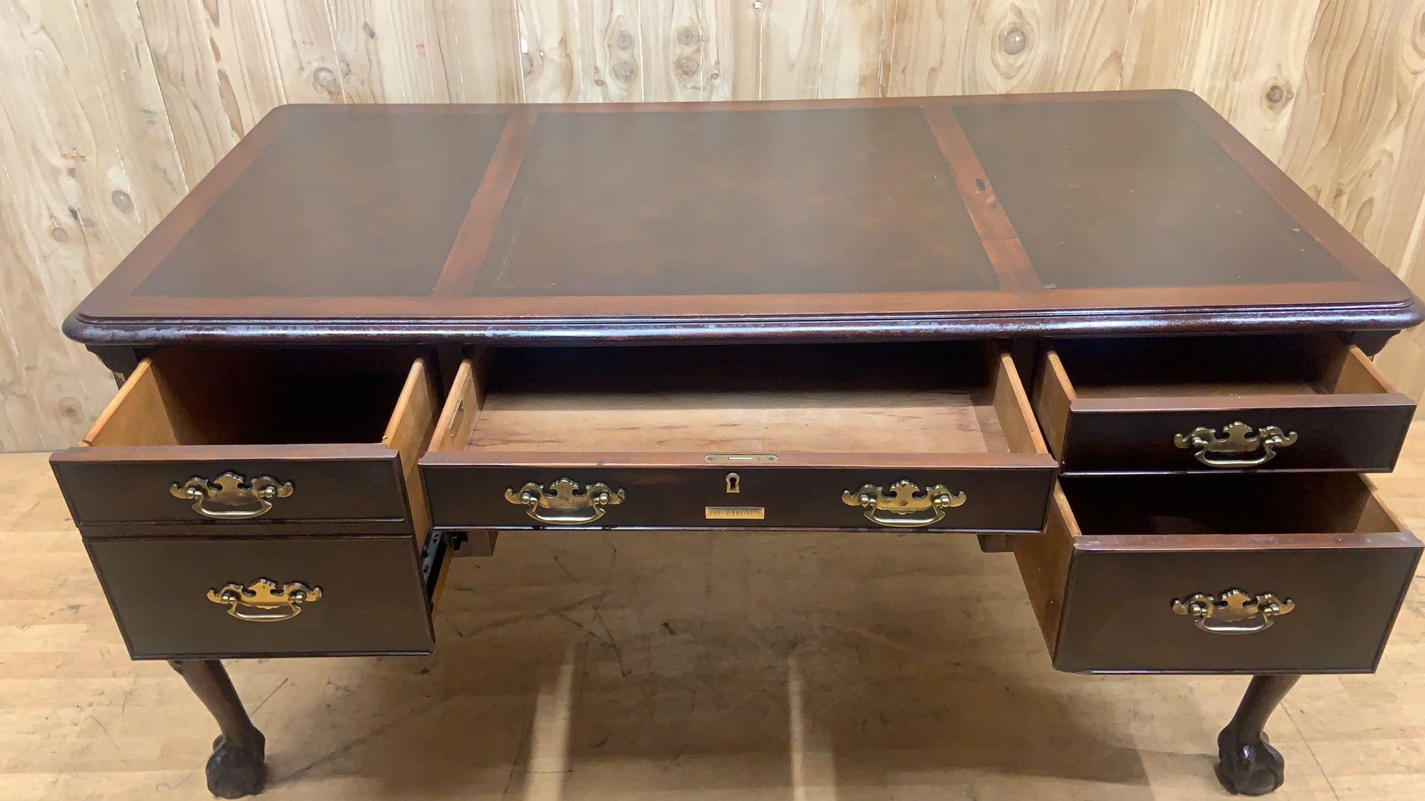 American Vintage Heckman English Chippendale Tooled Leather Top Cabriole Leg Writing Desk For Sale