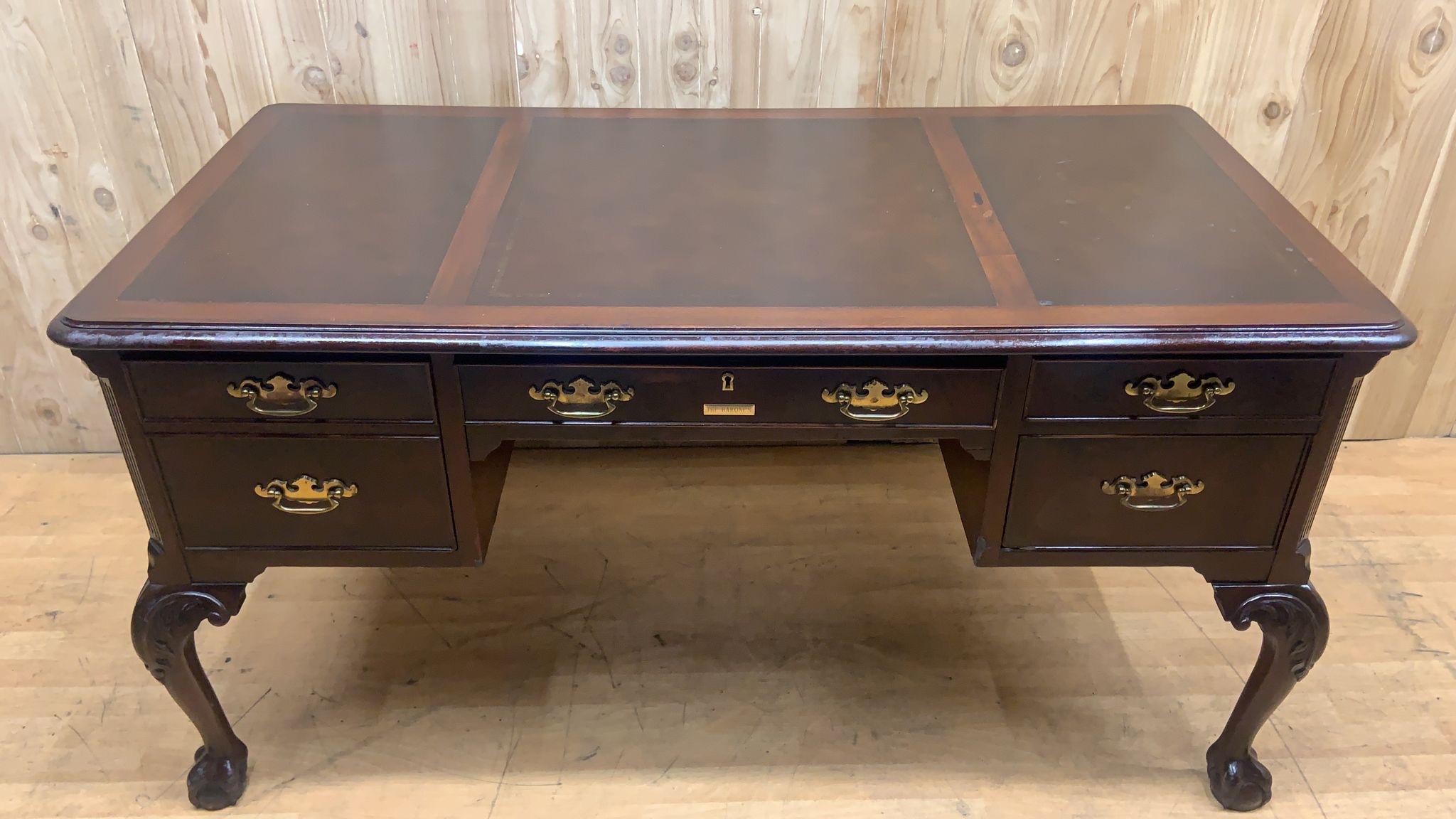 Hand-Crafted Vintage Heckman English Chippendale Tooled Leather Top Cabriole Leg Writing Desk For Sale