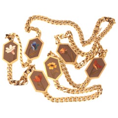 Vintage Hefty 18 Karat Long Gold Necklace with Pietra Dura Stones Decoration