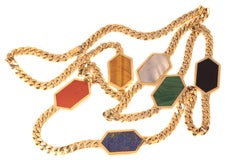 Vintage Hefty 18 Karat Long Gold Necklace with Pietra Dura Stones Decoration