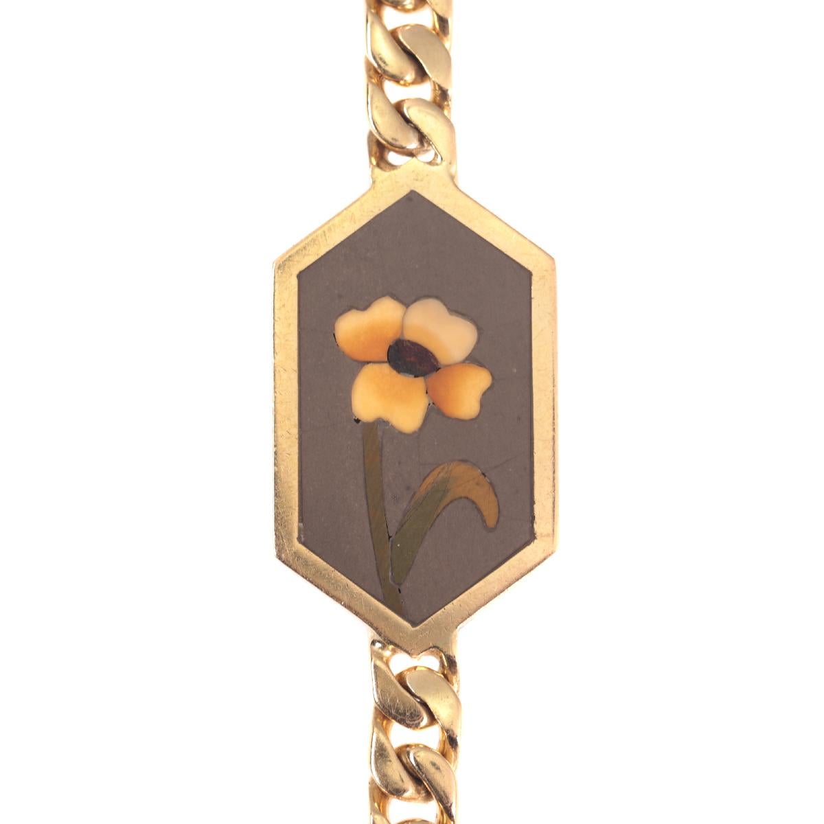 Modern Vintage Hefty 18 Karat Long Gold Necklace with Pietra Dura Stones Decoration For Sale