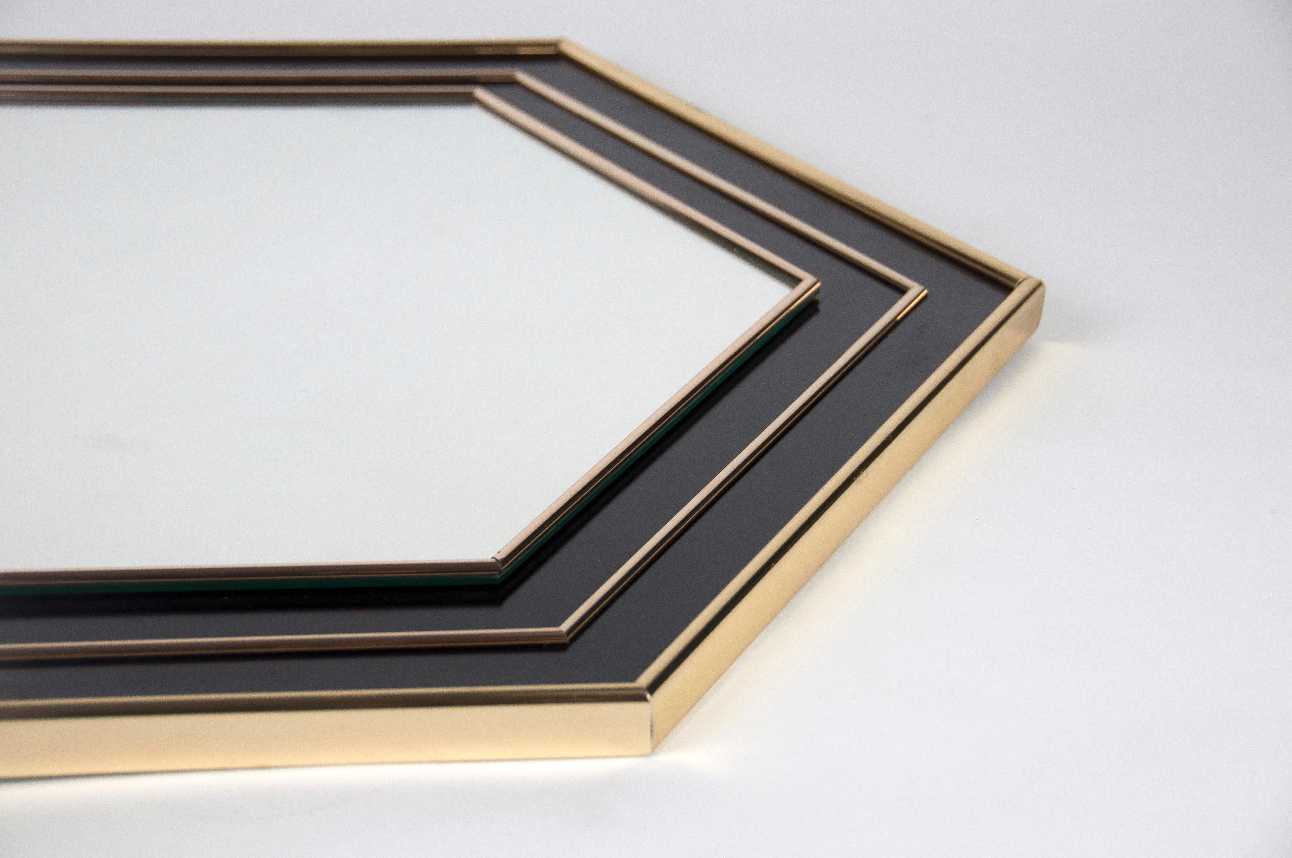 Hollywood Regency Vintage Hegaxonal Gold-Plated & Black Lacquered Mirror by Jean Claude Mahey For Sale