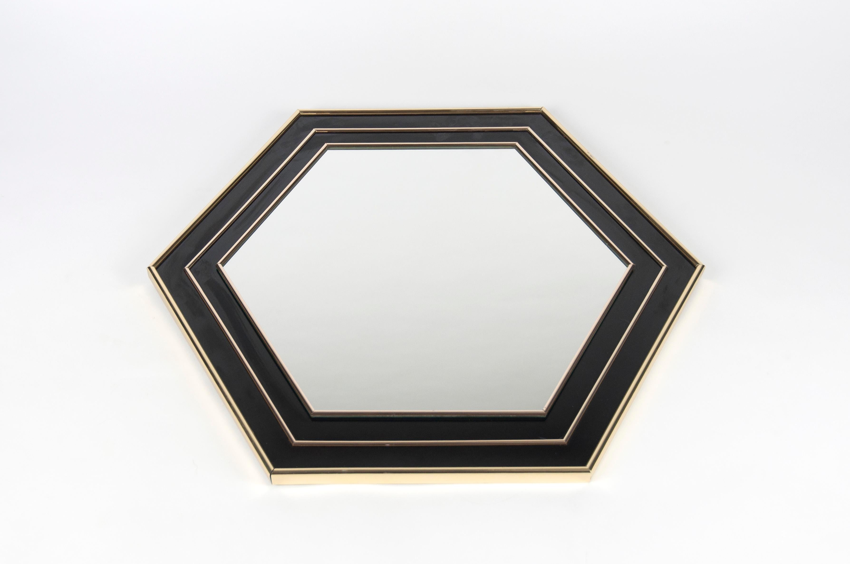 French Vintage Hegaxonal Gold-Plated & Black Lacquered Mirror by Jean Claude Mahey For Sale