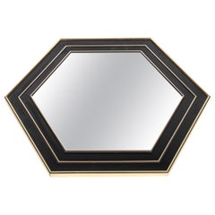 Specchio Vintage Hegaxonal placcato oro e laccato nero di Jean Claude Mahey