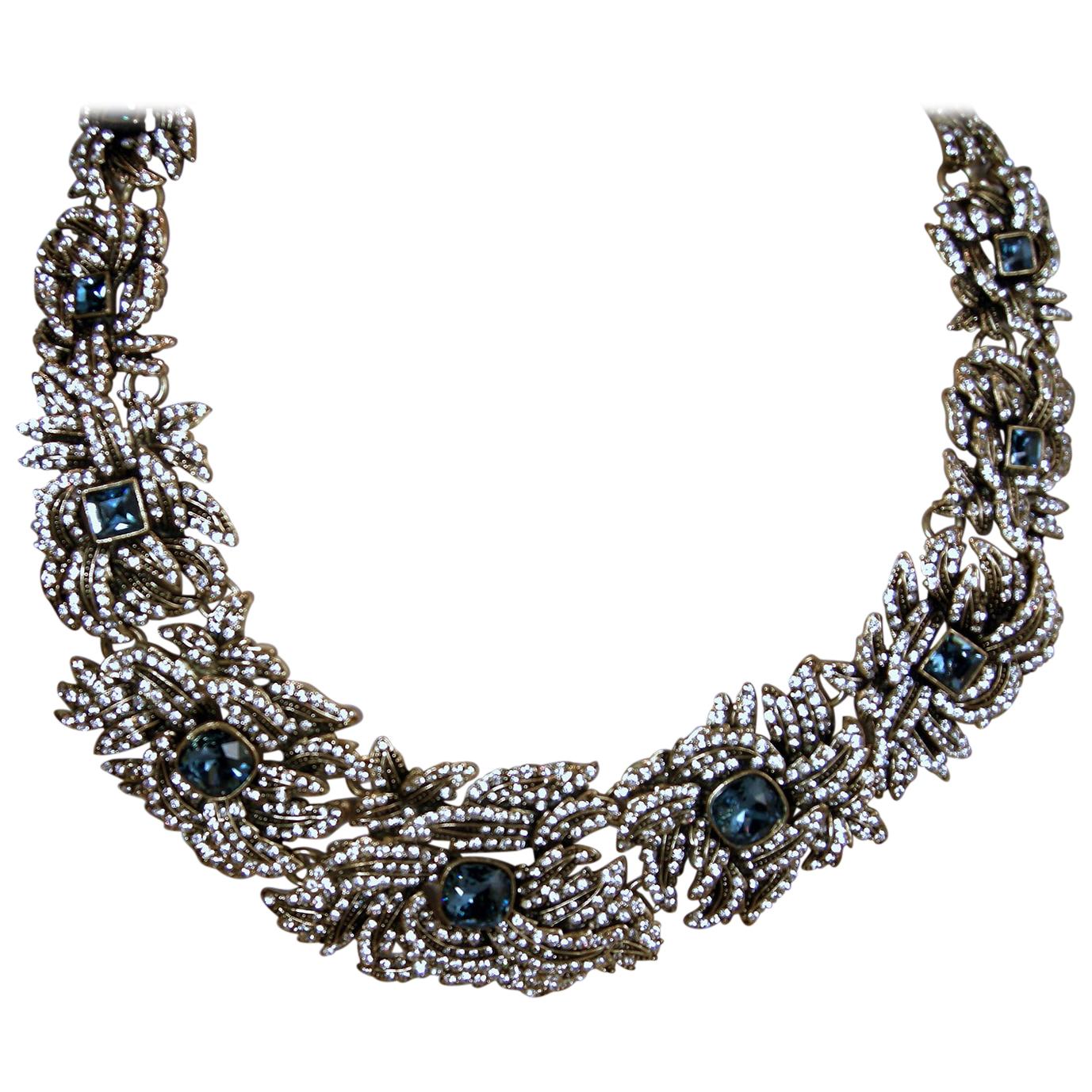 Vintage Heidi Daus Blue & Clear Crystals Bib Necklace