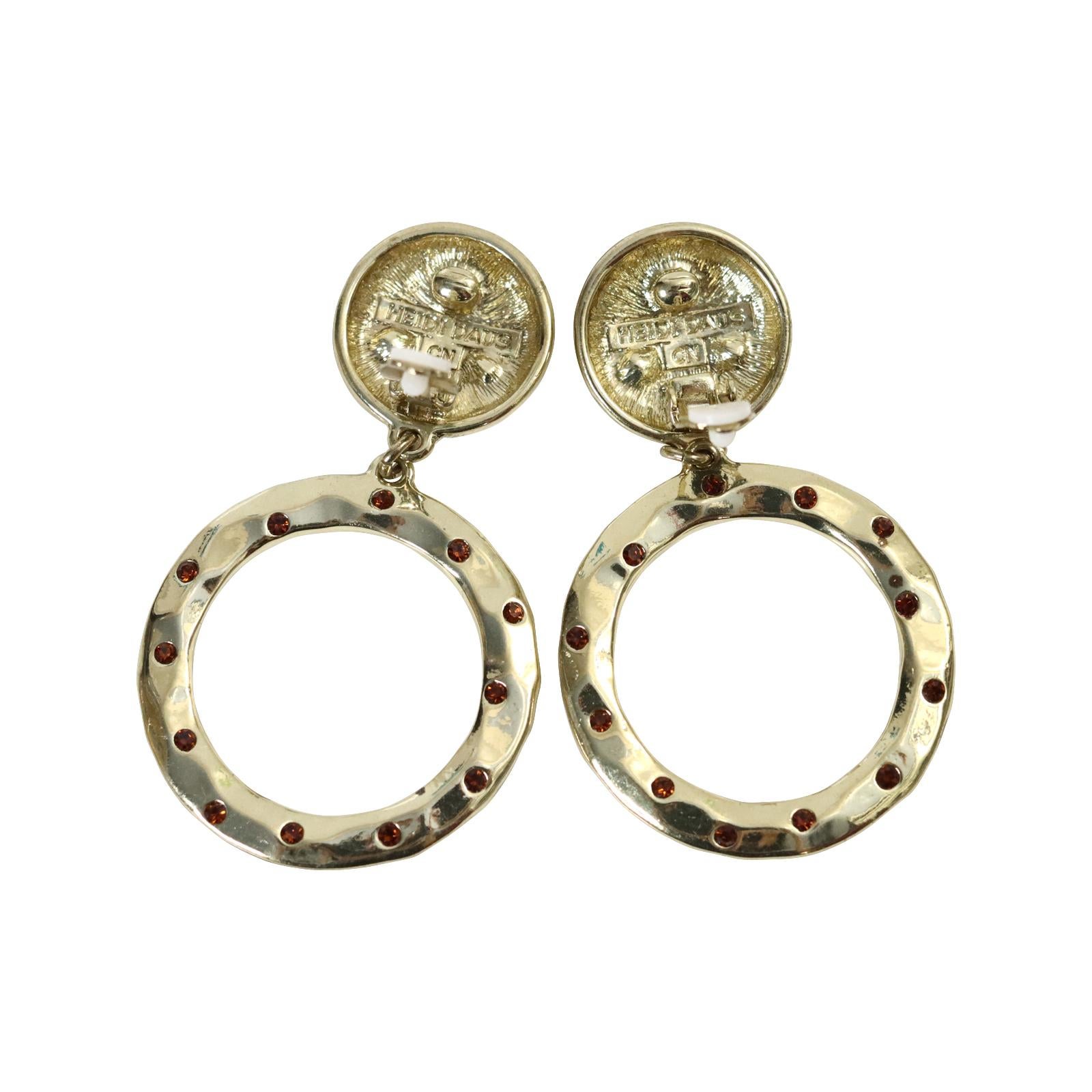 Vintage Heidi Daus Gold Tone With Red Crystals Dangling Hoop Earrings Circa 1990 For Sale 5